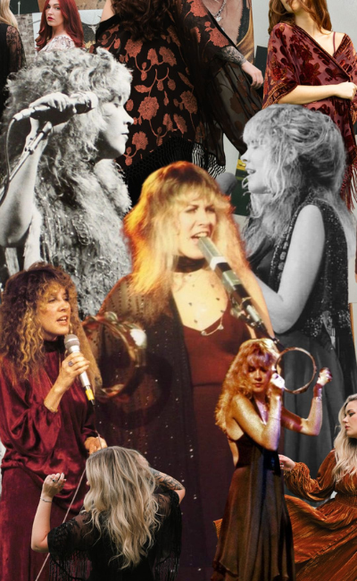 Editorial collage blending vintage Stevie Nicks imagery with modern boho fashion worn by models Erin and Taylor from the Stevie Collection