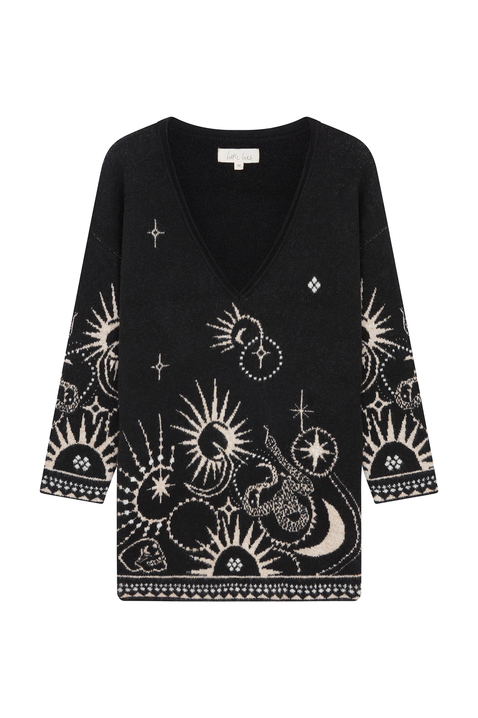 Flat lay ghost image of Little Lies Midnight Tattoo Knit sweater in black with cream celestial and geometric patterns, featuring V-neck and long sleeves.