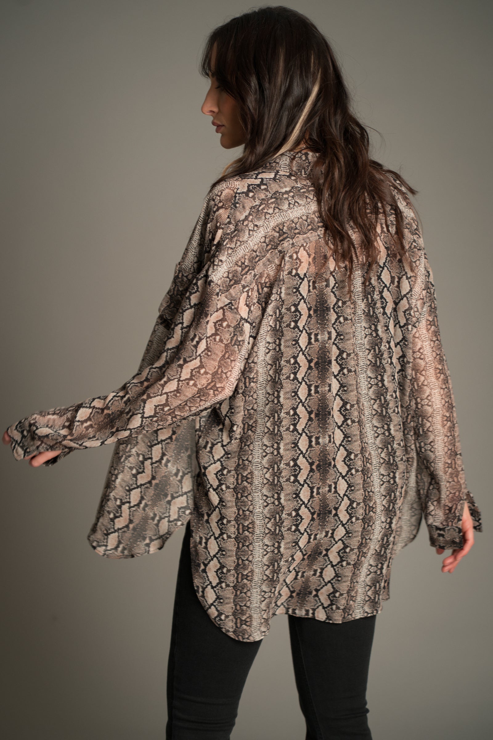 Little Lies Mosshart Snake Chiffon Shirt in sheer snake print, back view showing lightweight longline draped silhouette.