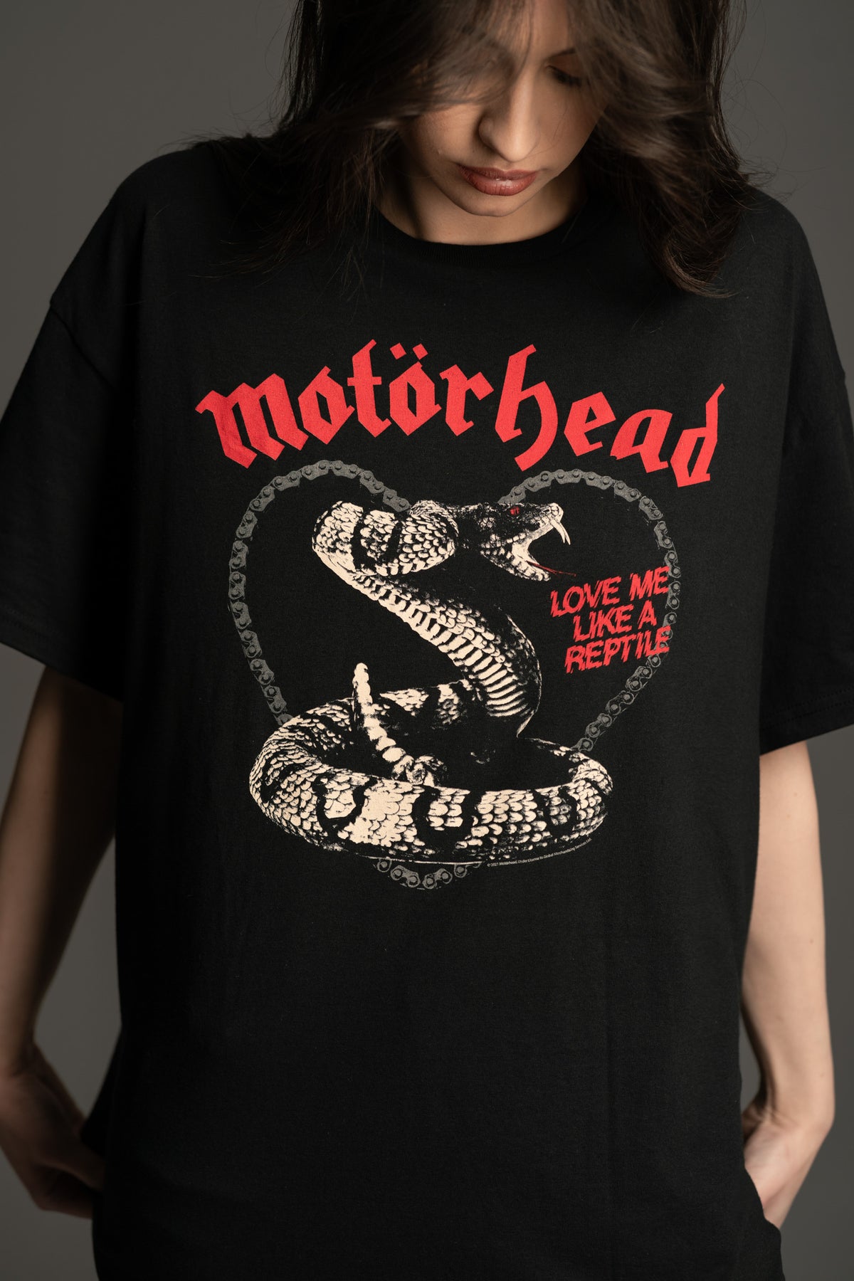 Close up view of graphic Motorhead Snake Band Tee relaxed fit from Little Lies