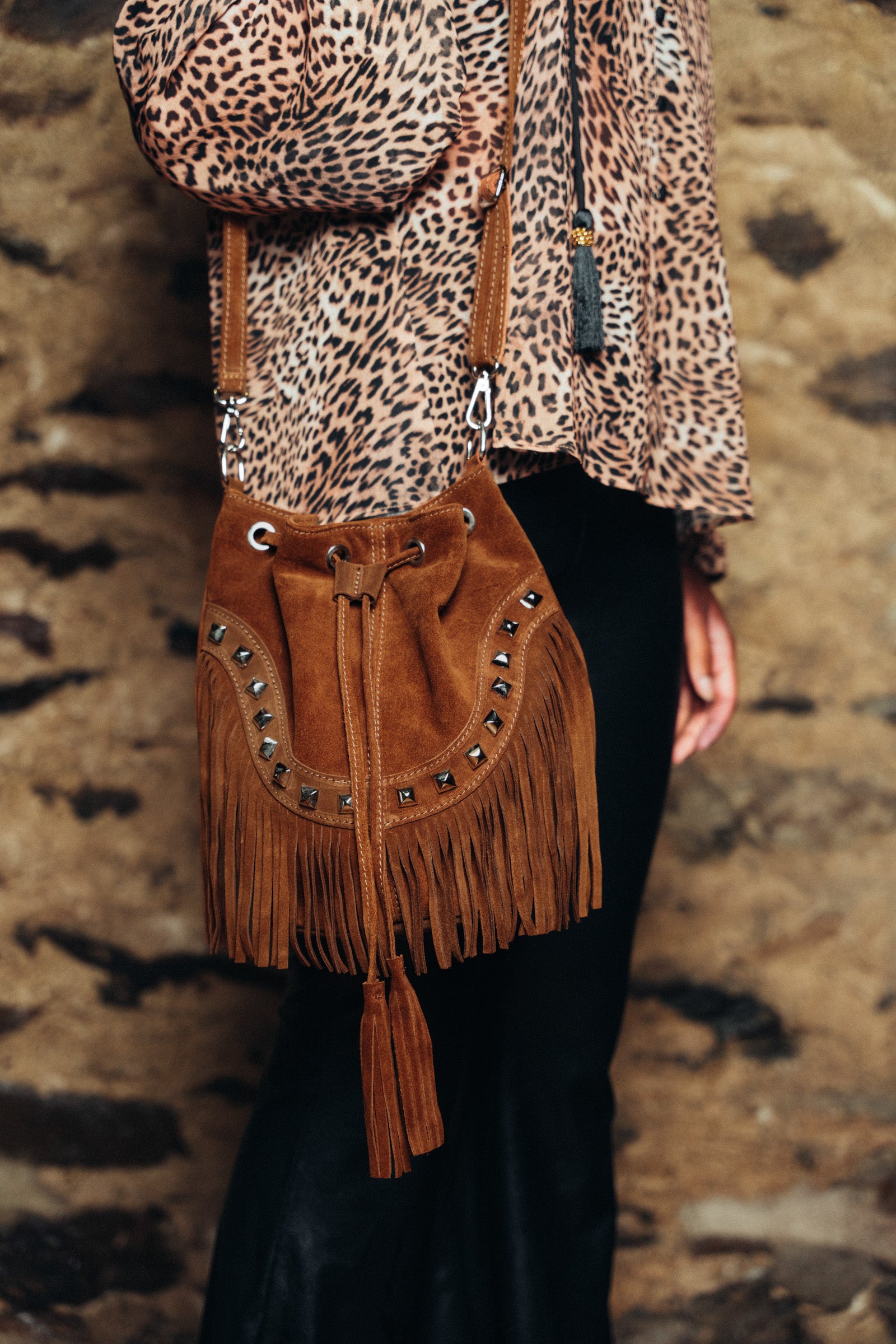 Nevada Tan Suede Fringed Bucket Bag