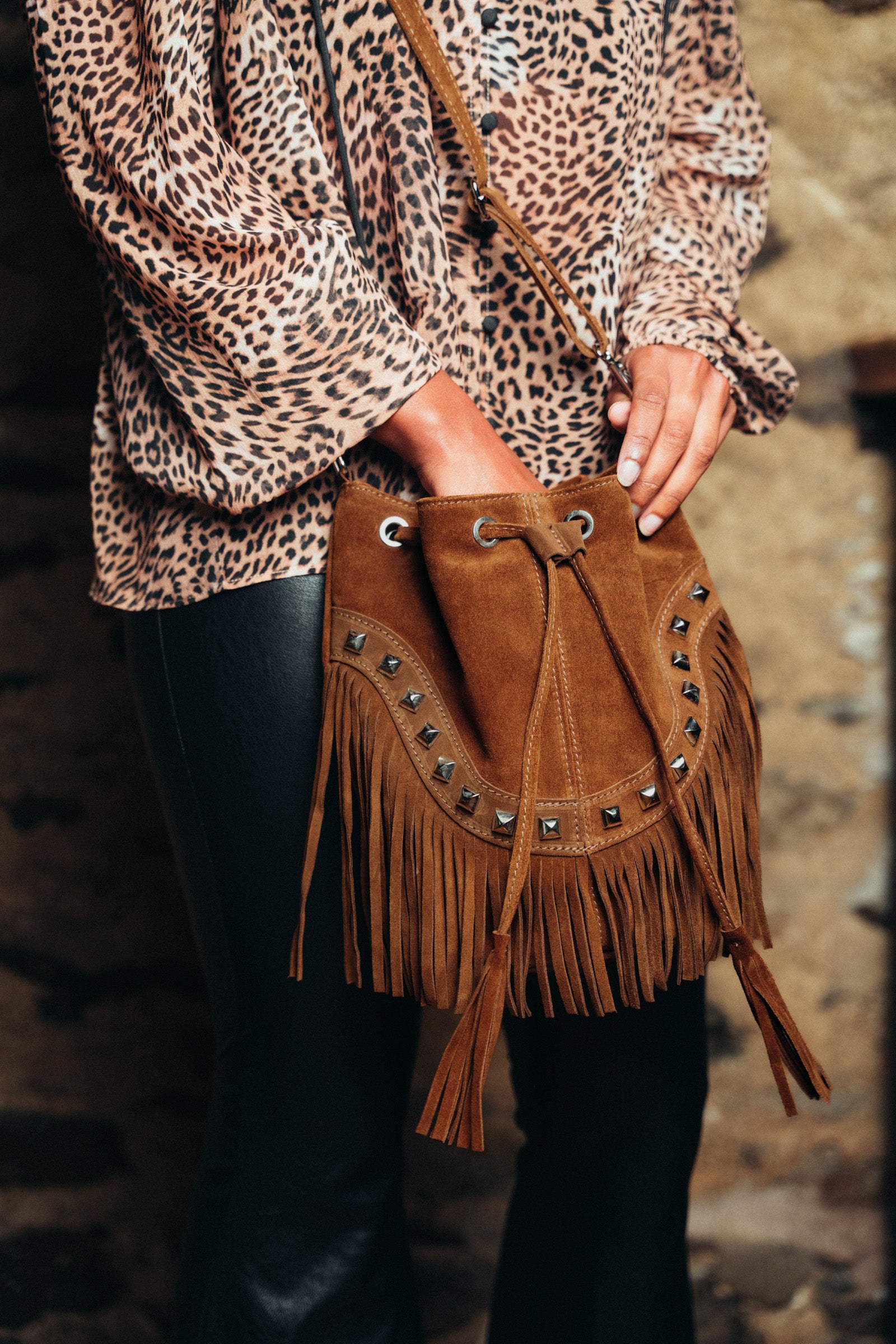 Nevada Tan Suede Fringed Bucket Bag