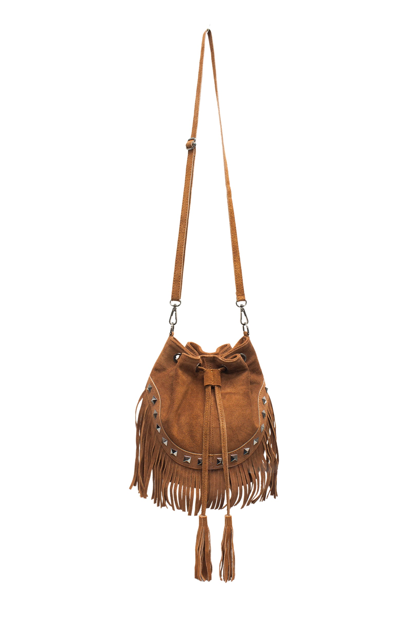Nevada Tan Suede Fringed Bucket Bag