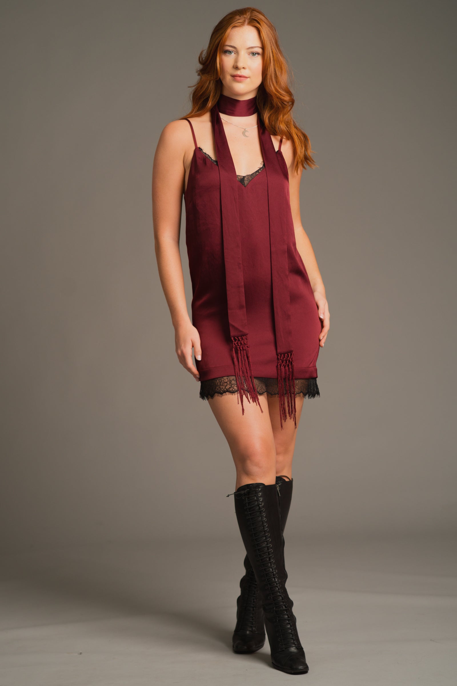 Plum skinny scarf paired with Nightbird Slip dress and knee-high boots for tonal co-ord styling