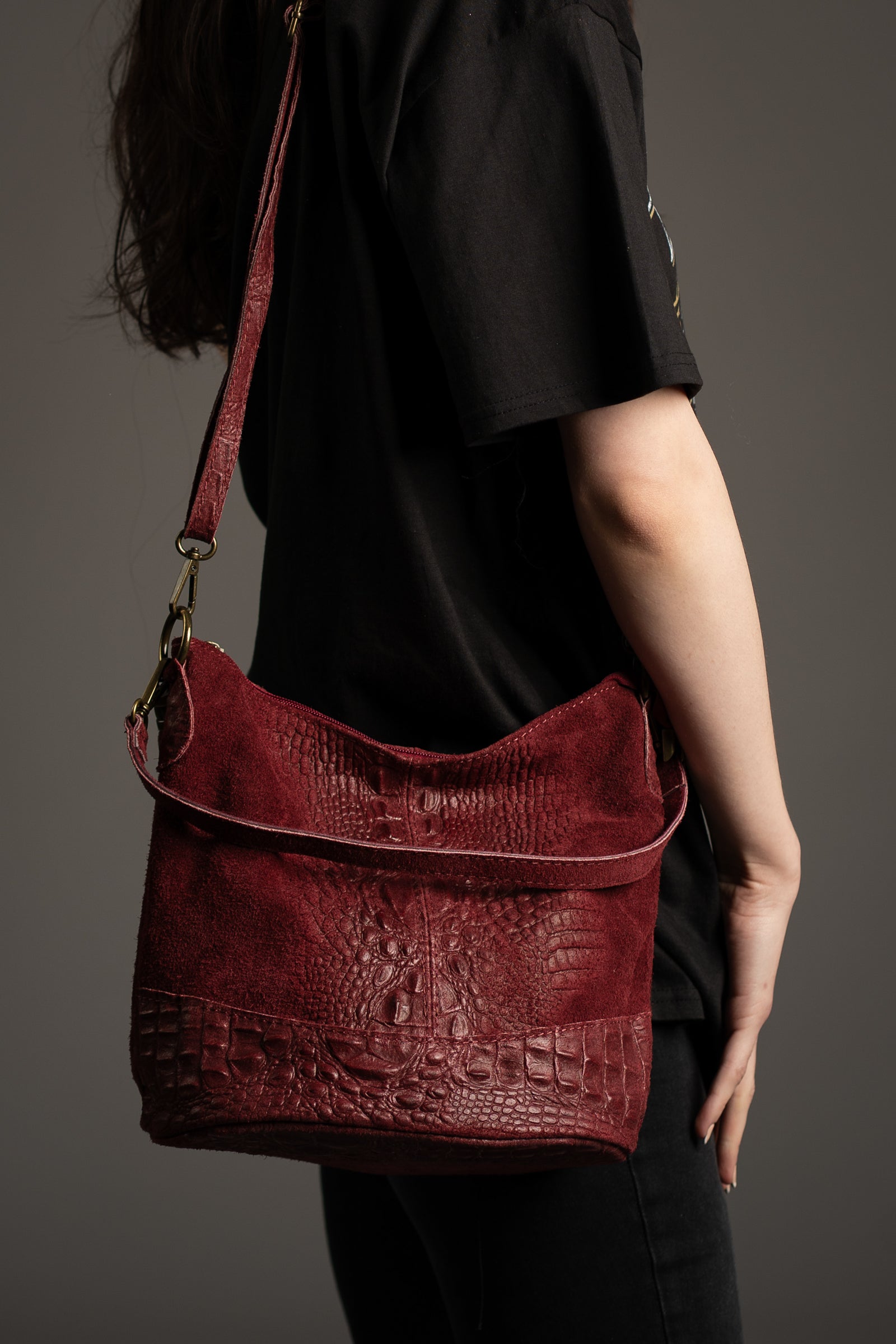 Nikita Burgundy Genuine Suede Bucket Bag