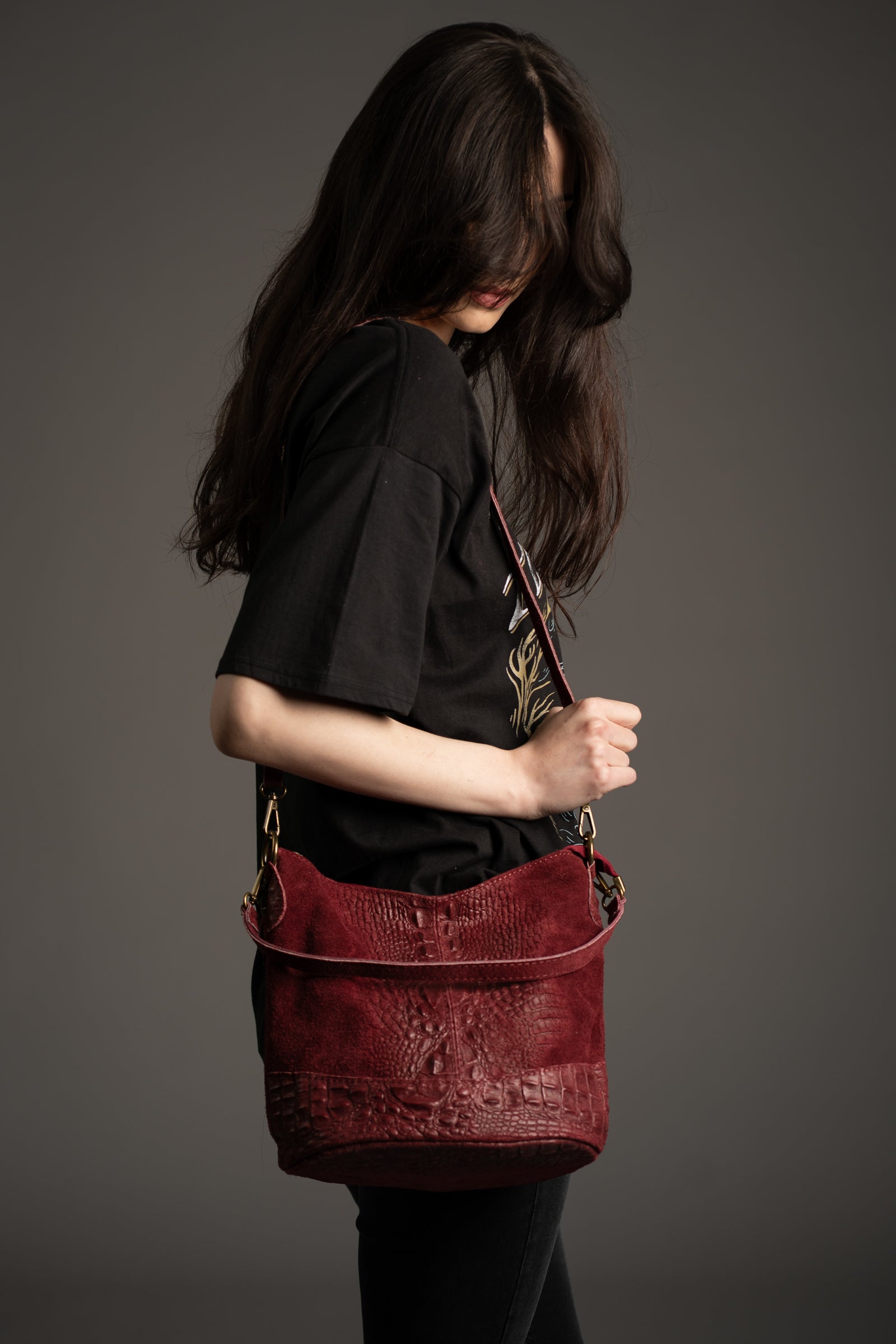 Nikita Burgundy Genuine Suede Bucket Bag