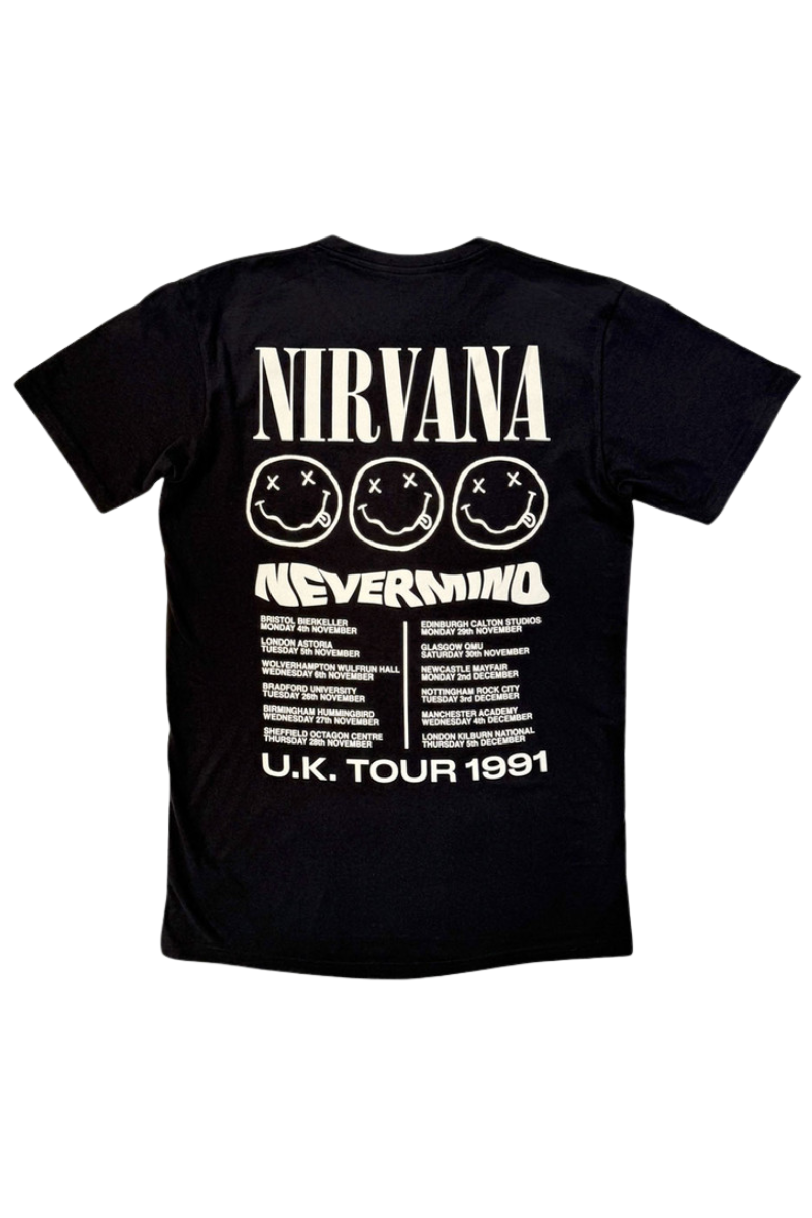 Back ghost image of Little Lies Nirvana Nevermind Tour 91 Band Tee in black showing full UK tour dates back print
