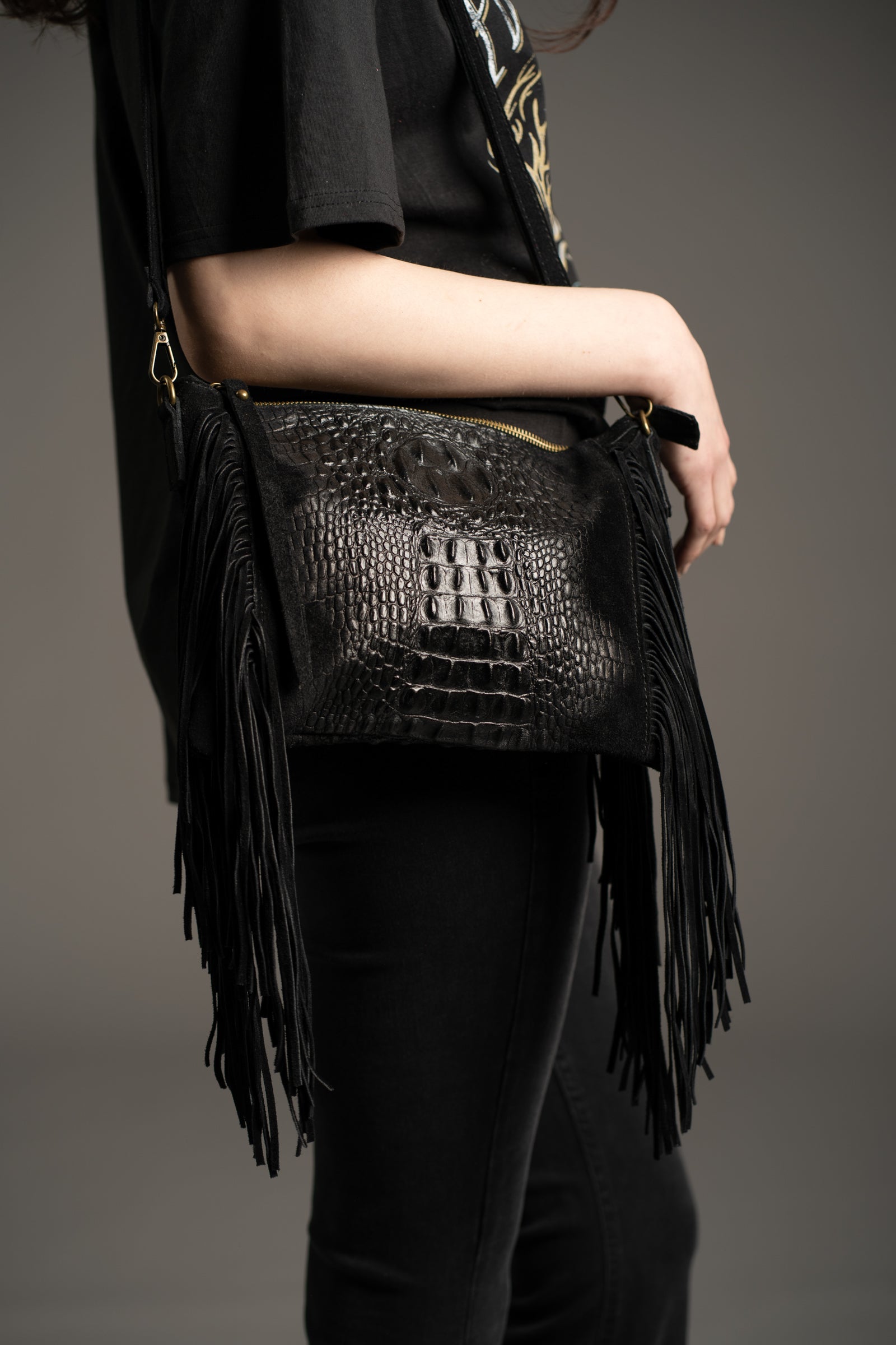Niska Black Genuine Suede Fringed Bag