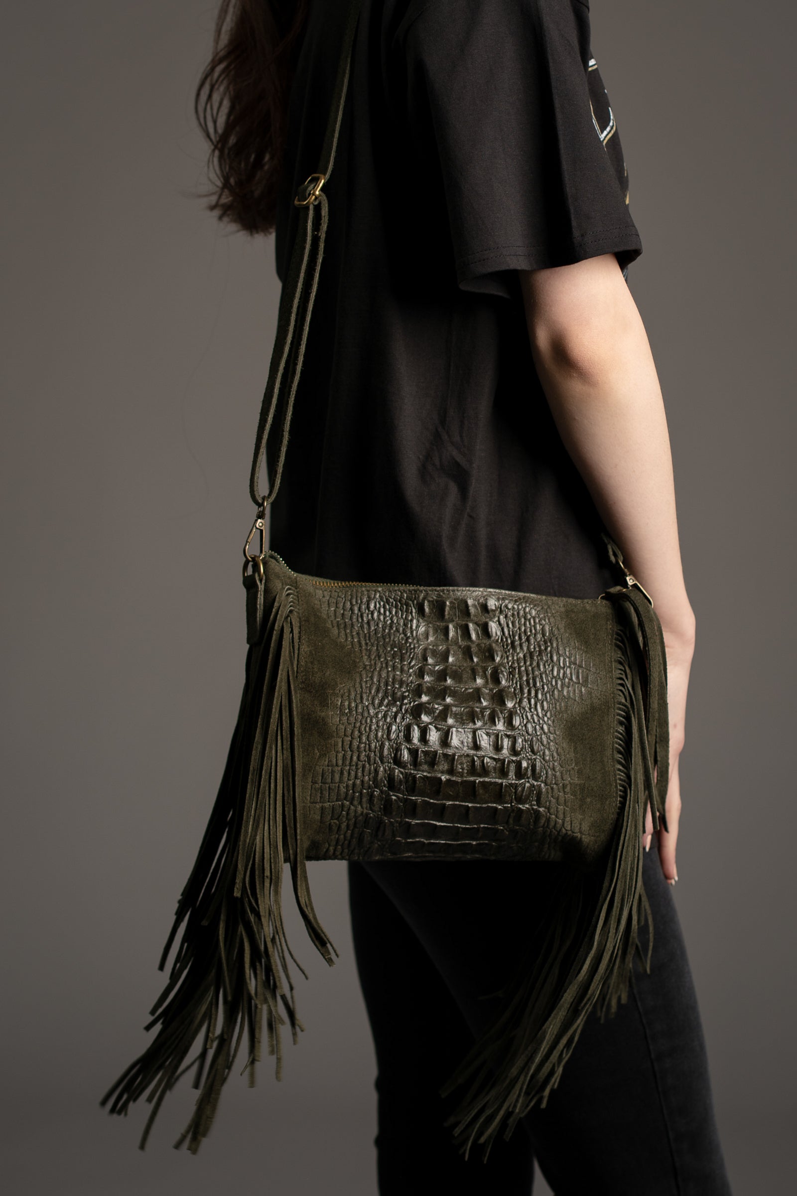 Niska Khaki Genuine Suede Fringed Bag
