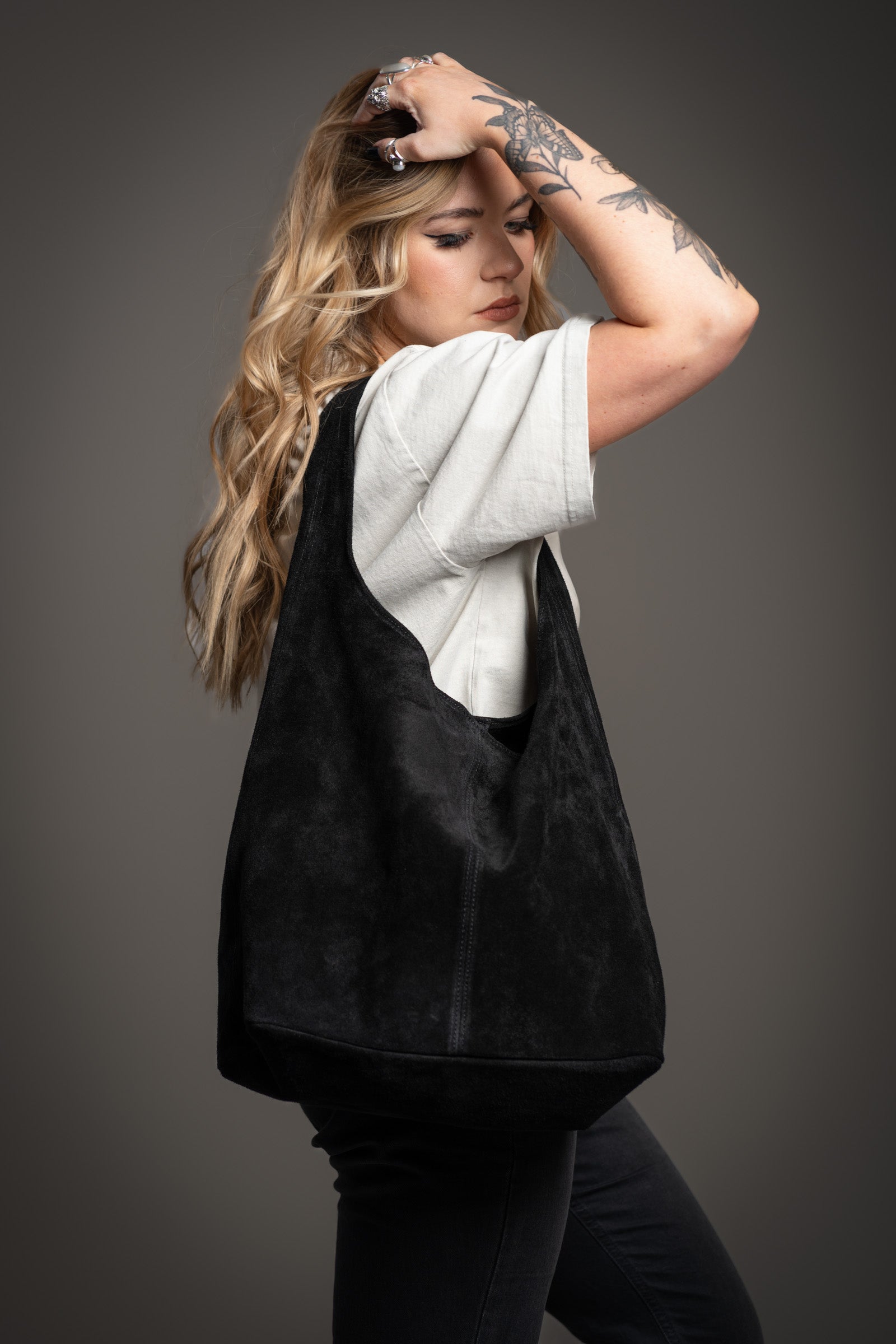 Olsen Black Genuine Suede Slouchy Bag
