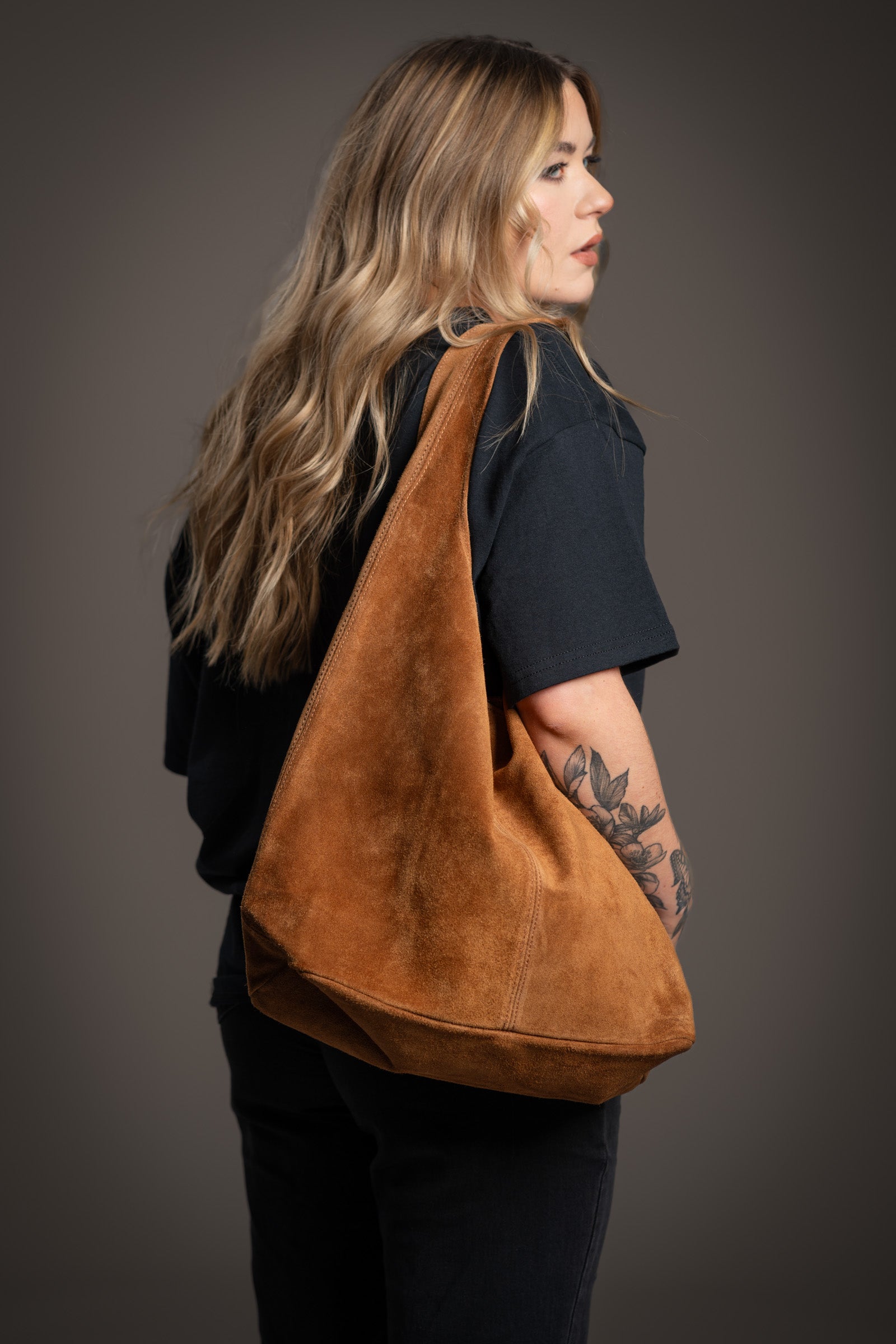 Olsen Tan Genuine Suede Slouchy Bag
