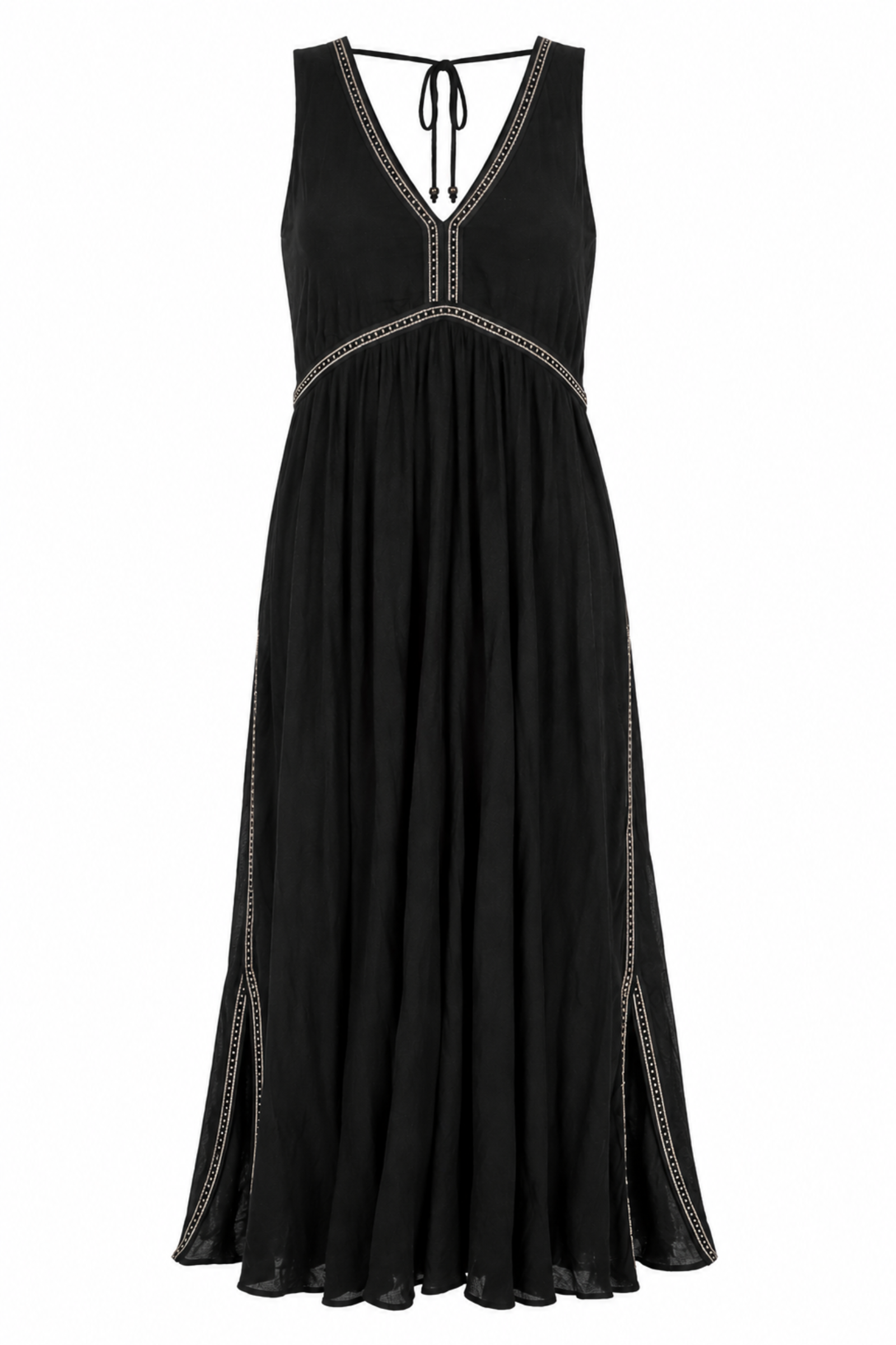 Onyx Studded Black Cheesecloth Midi Dress with pockets and side split