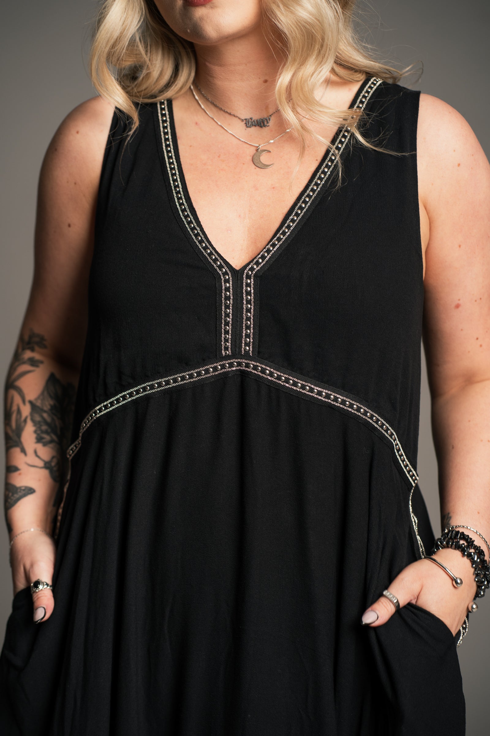 Onyx black cheesecloth midi dress with back tie and side split