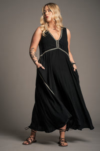 Onyx Studded Midi Dress in black cheesecloth, full length view
