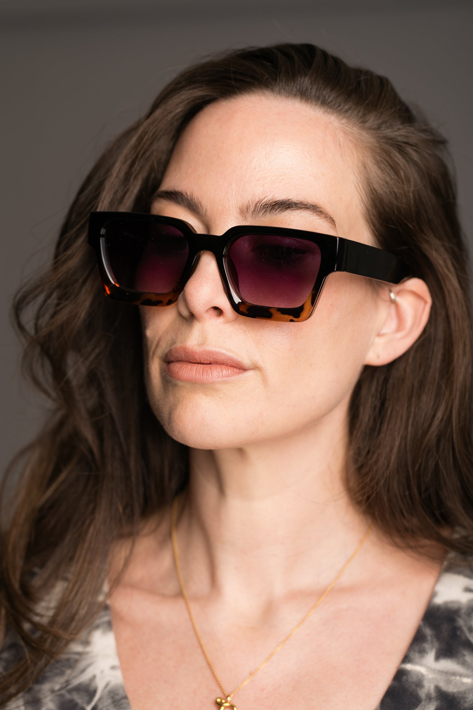 Chrissie Wayfarer Shades work by brunette model wearing the Nevermind Midi Tie Dye Dress