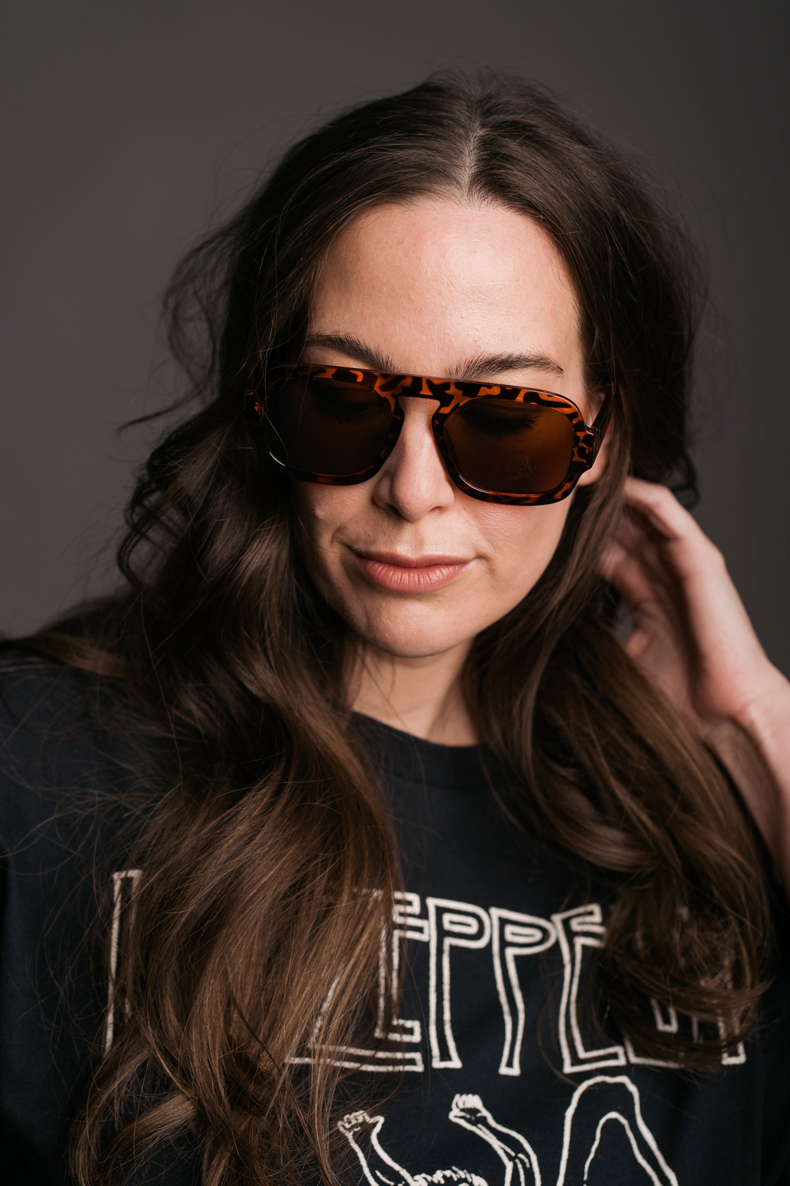 Lenny Tortoiseshell Aviator Shades worn by brunette model in Led Zeppelin Band Tee
