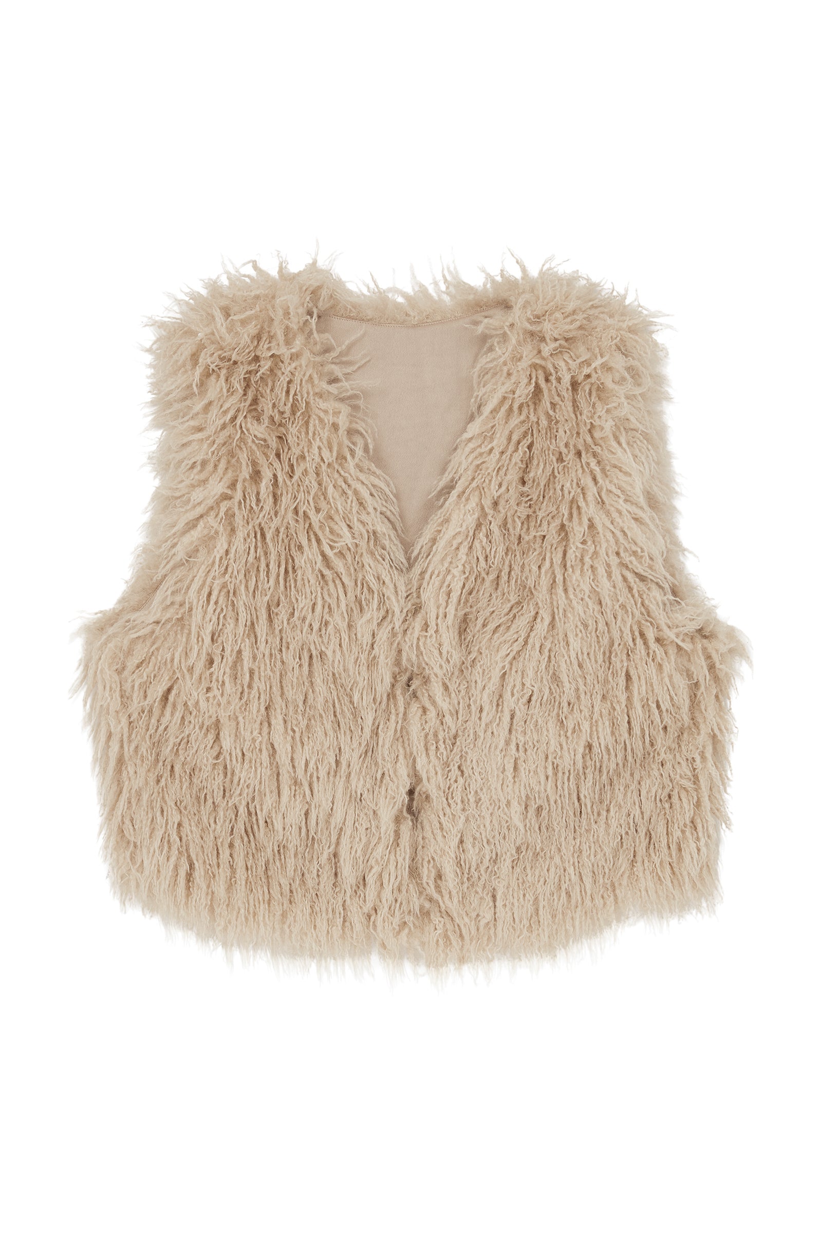 Penny Lane Faux Mongolian Fur Gilet in beige with shaggy texture and hook and eye front closure design.