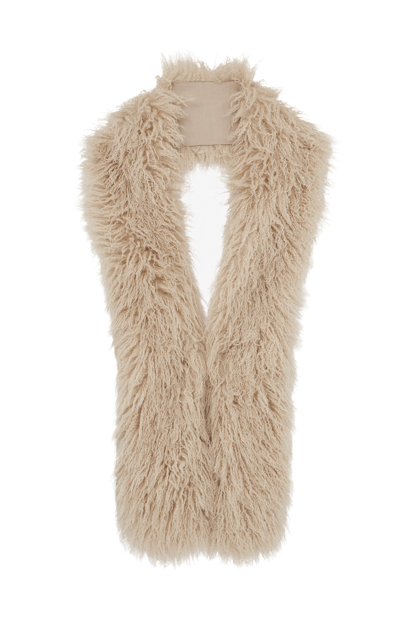 Penny Lane Faux Mongolian Fur Scarf in beige with fluffy texture and soft, animal-friendly design