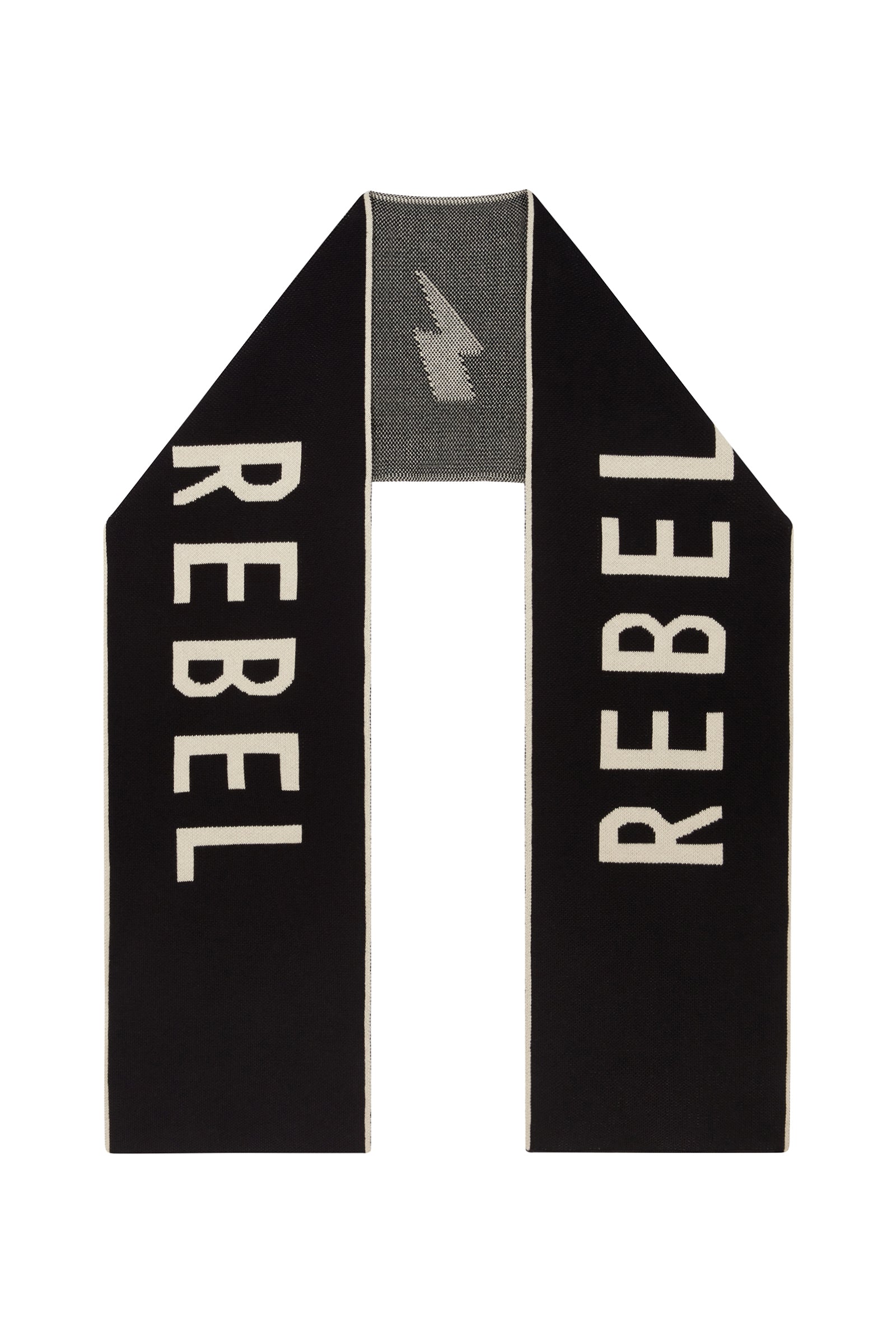 Ghost image of Little Lies Rebel Rebel Knit Scarf in black featuring oversized ivory slogan lettering, contrast border trim and lightning bolt detail