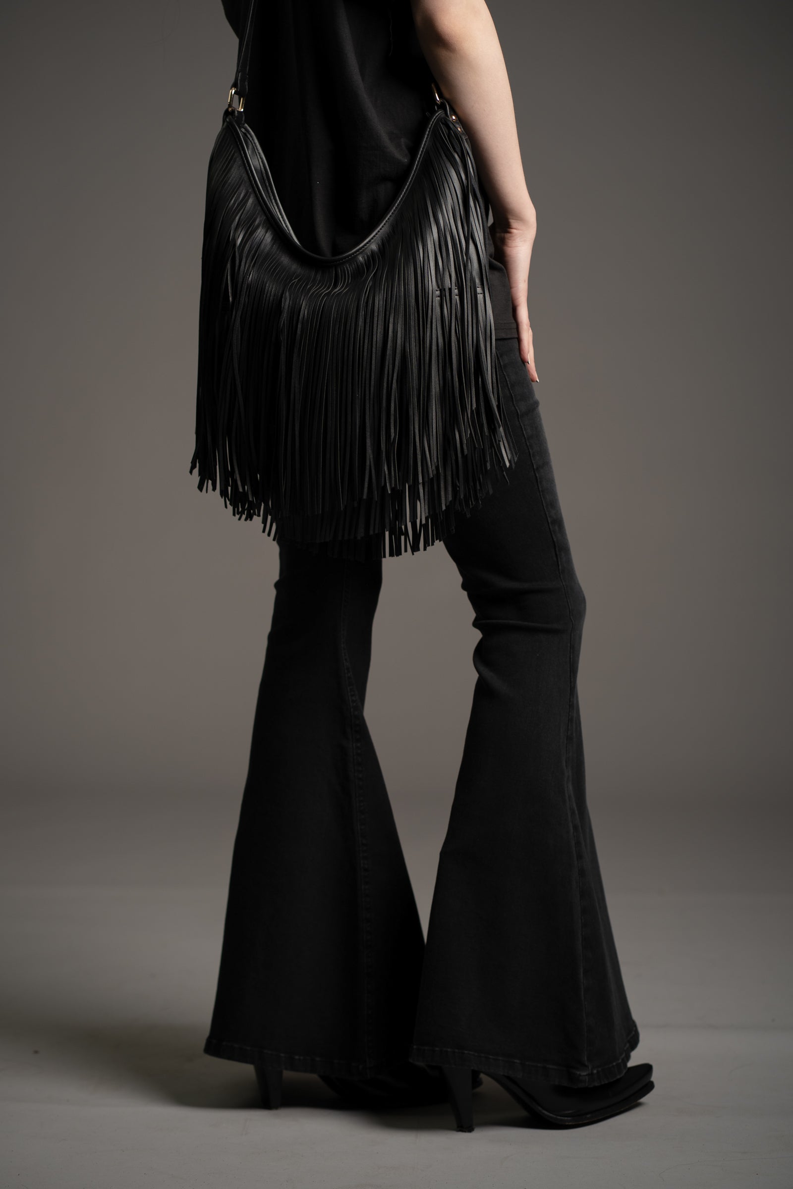 Rhiannon Black Faux Leather Fringed Bag