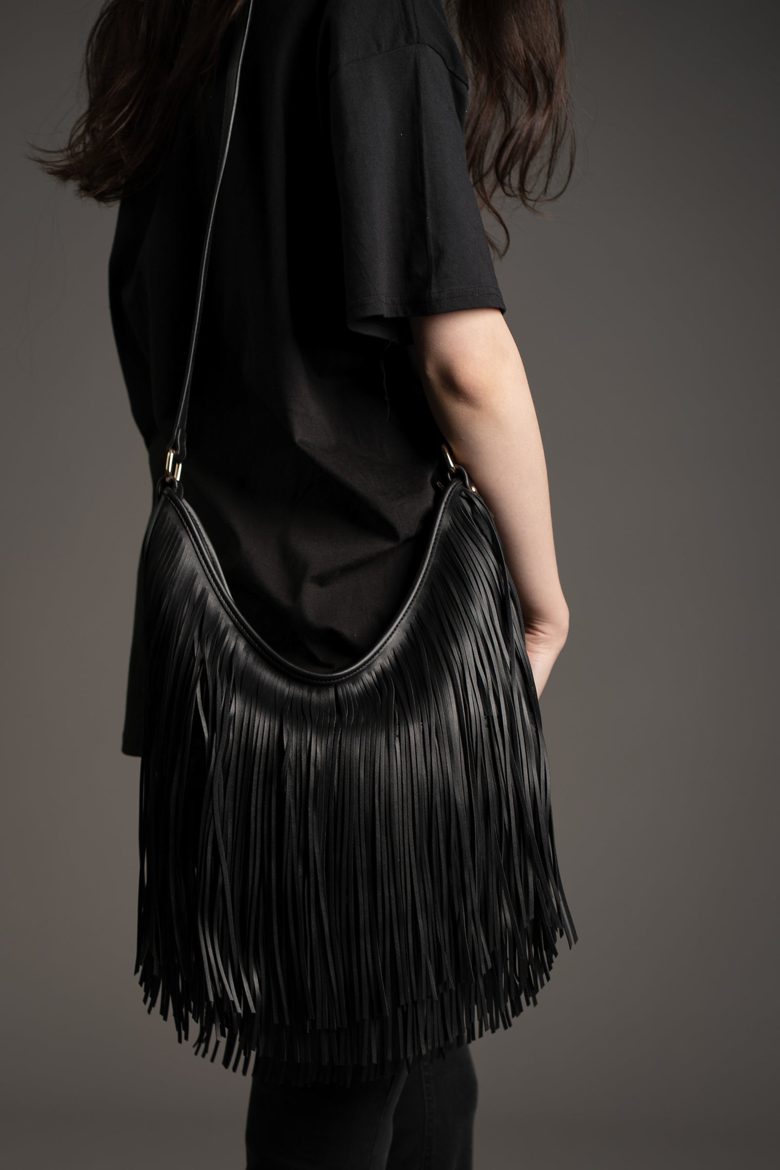 Rhiannon Black Faux Leather Fringed Bag
