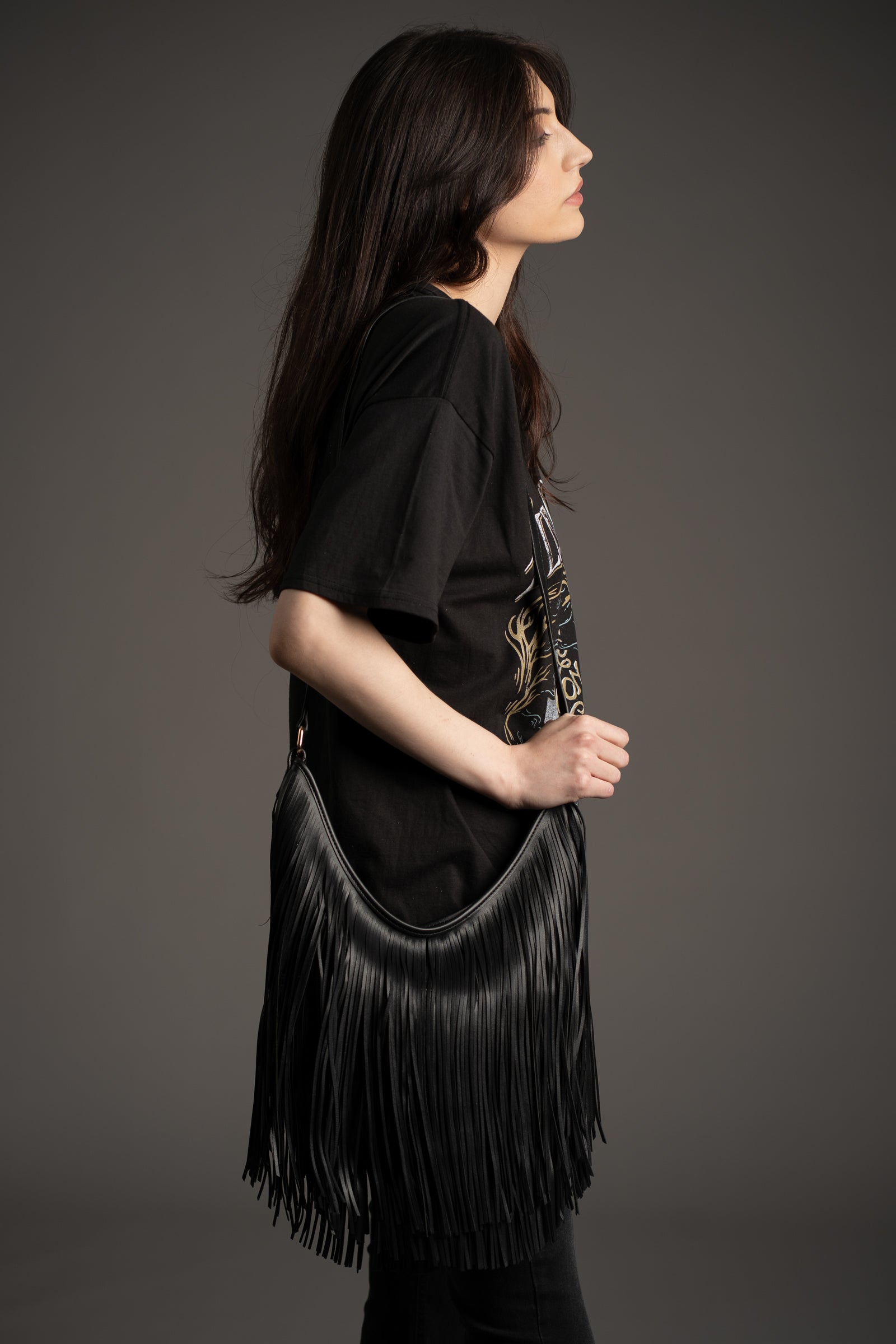 Rhiannon Black Faux Leather Fringed Bag