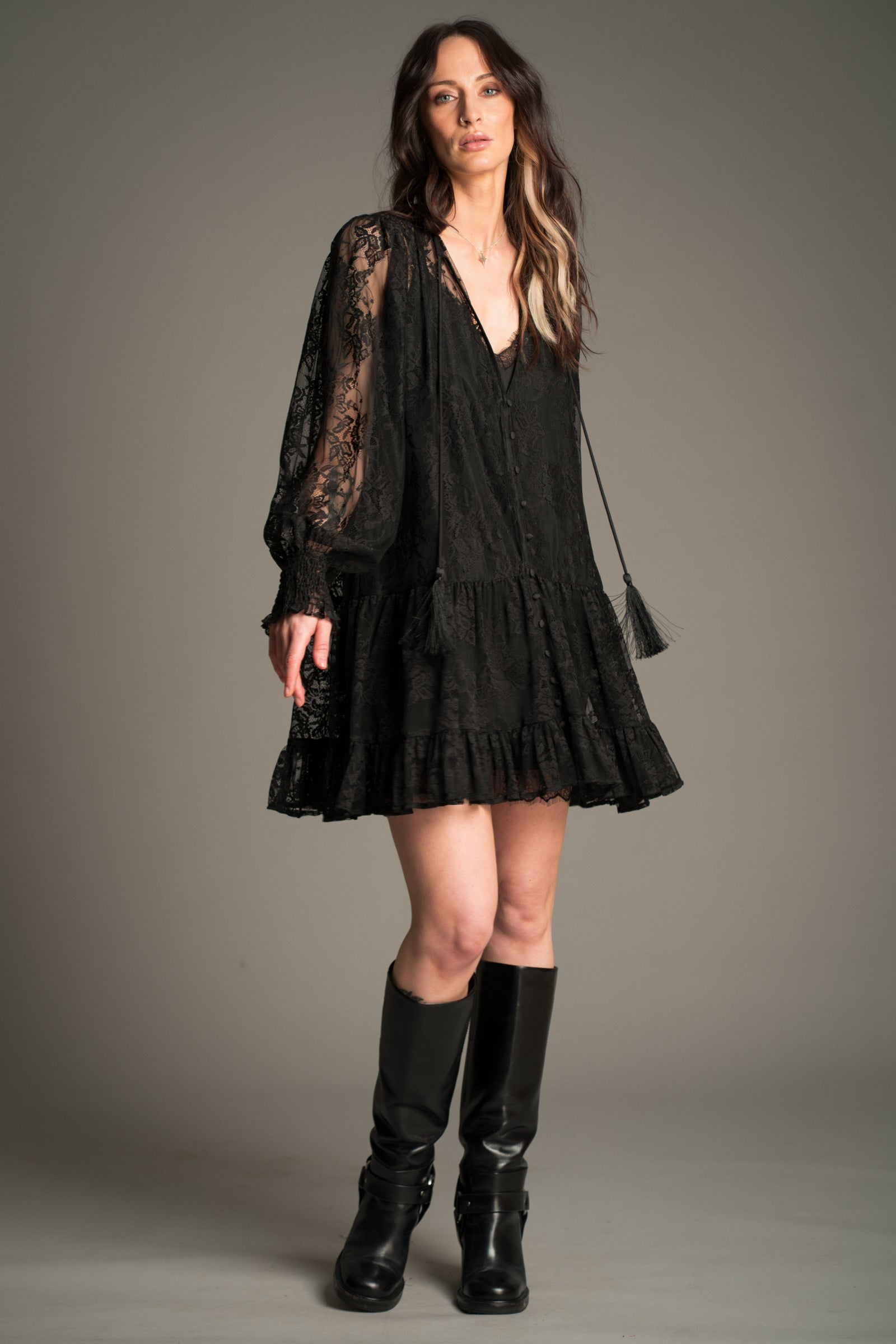 Little Lies Rhiannon Black Lace Smock Dress worn showing billowing lace sleeves in movement