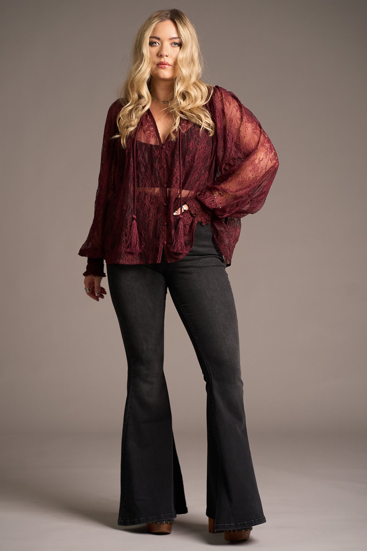 Rhiannon Burgundy Lace Smock Top | Little Lies