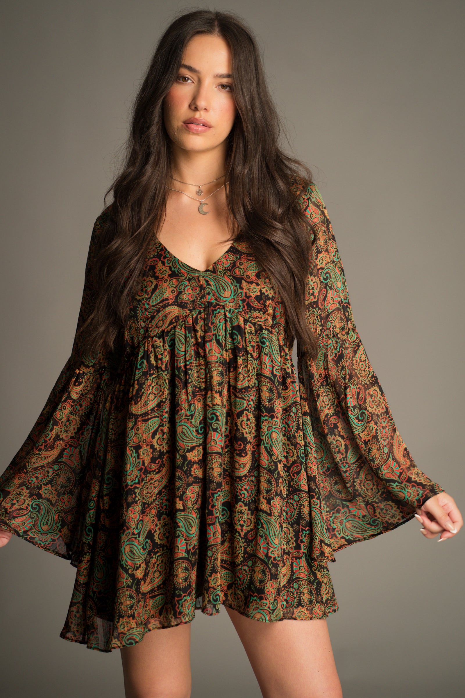Ringo Paisley Smock Dress by Little Lies featuring a vintage-inspired paisley print, relaxed smock silhouette and flowing bohemian sleeves