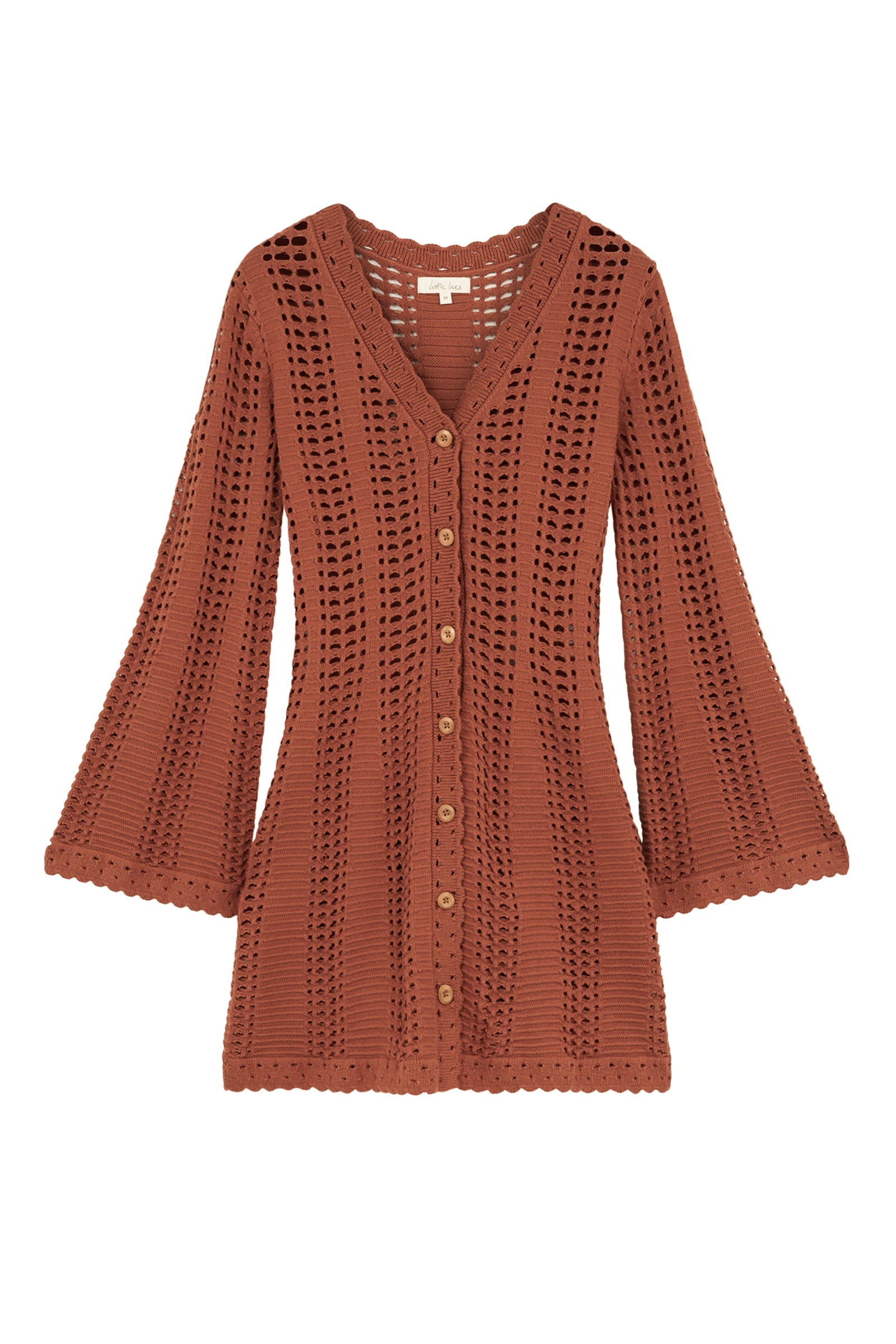 Little Lies Marianne Rust Crochet Knit Mini Dress, a vibrant rust crochet material featuring a V-neck and full frontal buttons, shown laid flat on a white backdrop.
