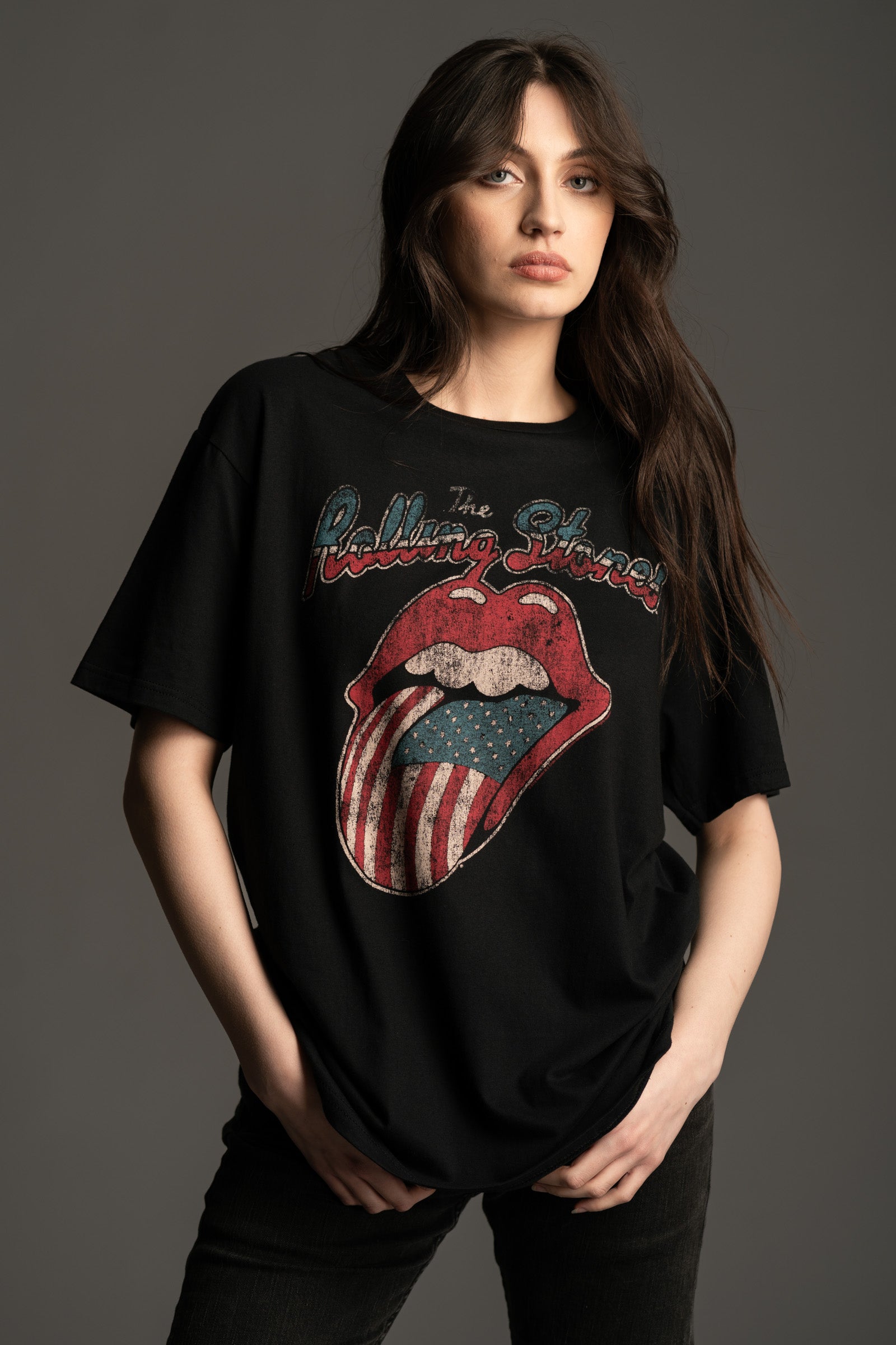 Andie wears Little Lies oversized black Rolling Stones '78 Tour Band Tee with vintage distressed logo