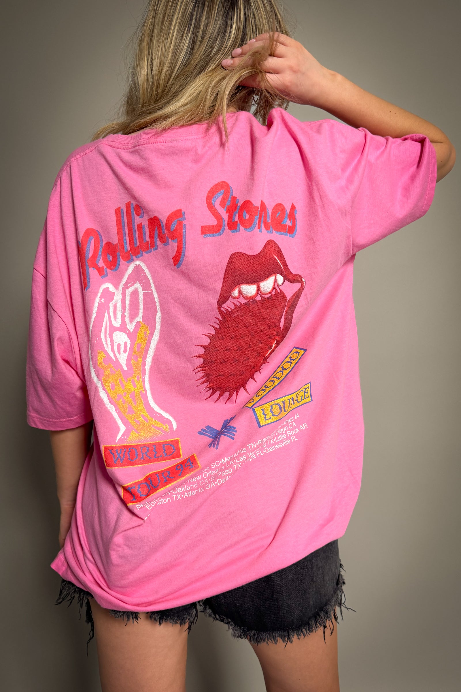 Back view of Little Lies The Rolling Stones Voodoo Lounge world tour 1994 band tee with tongue logo graphics and vintage concert-style print