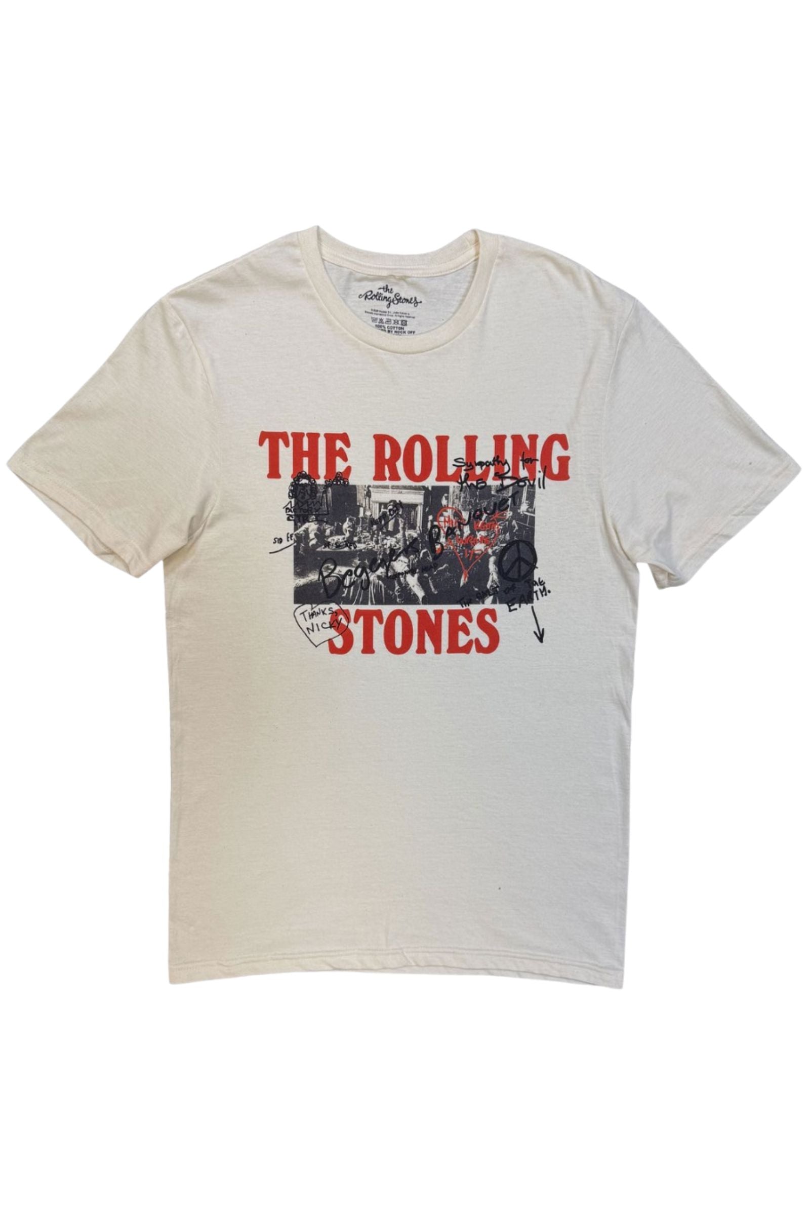 Little Lies Rolling Stones Graffiti band tee ghost image in off-white showing vintage street art graphic and red logo