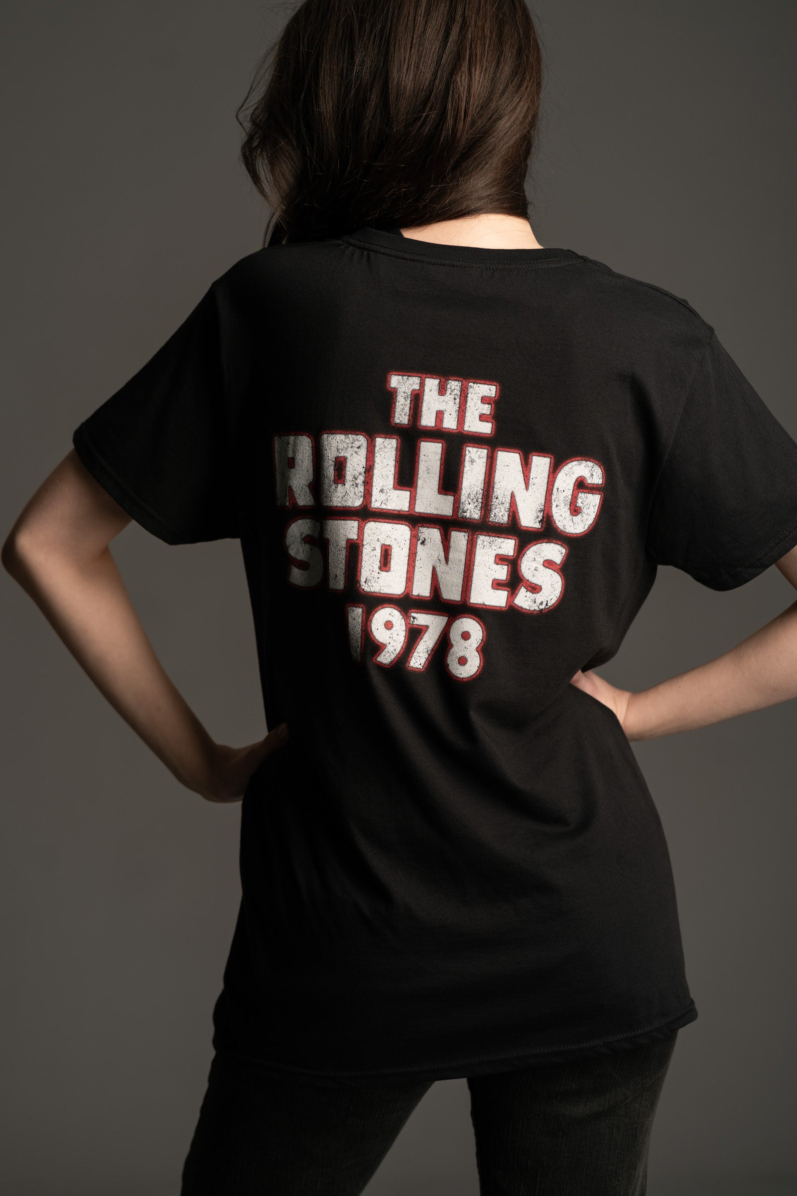 Andie wears Little Lies Rolling Stones Dragon oversized black band-style t-shirt with Rolling Stones 1978 graphic on the back