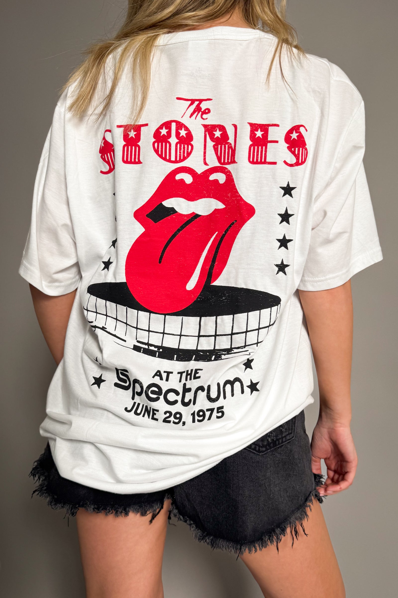 Back view of the Rolling Stones Philadelphia 1975 band t-shirt showing Spectrum concert artwork.