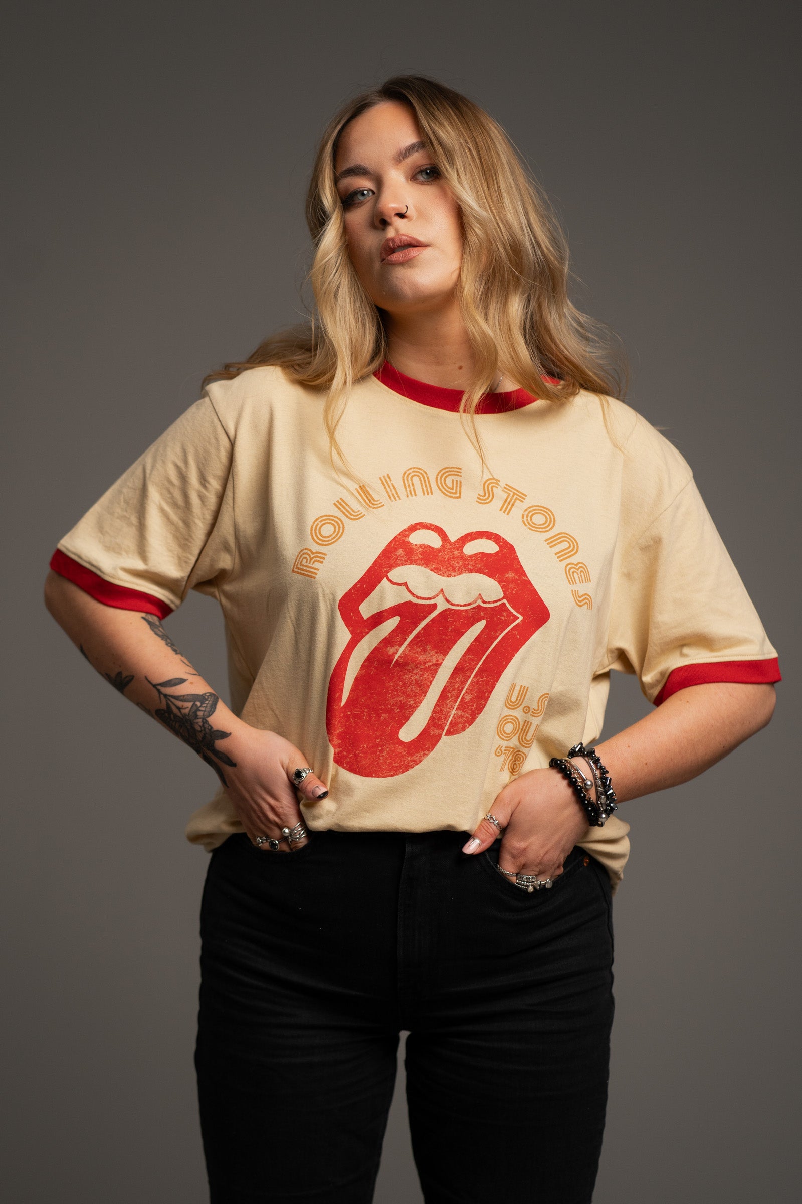 Rolling Stones Retro '78 Ringer Band Tee front model view on natural ringer base from Little Lies