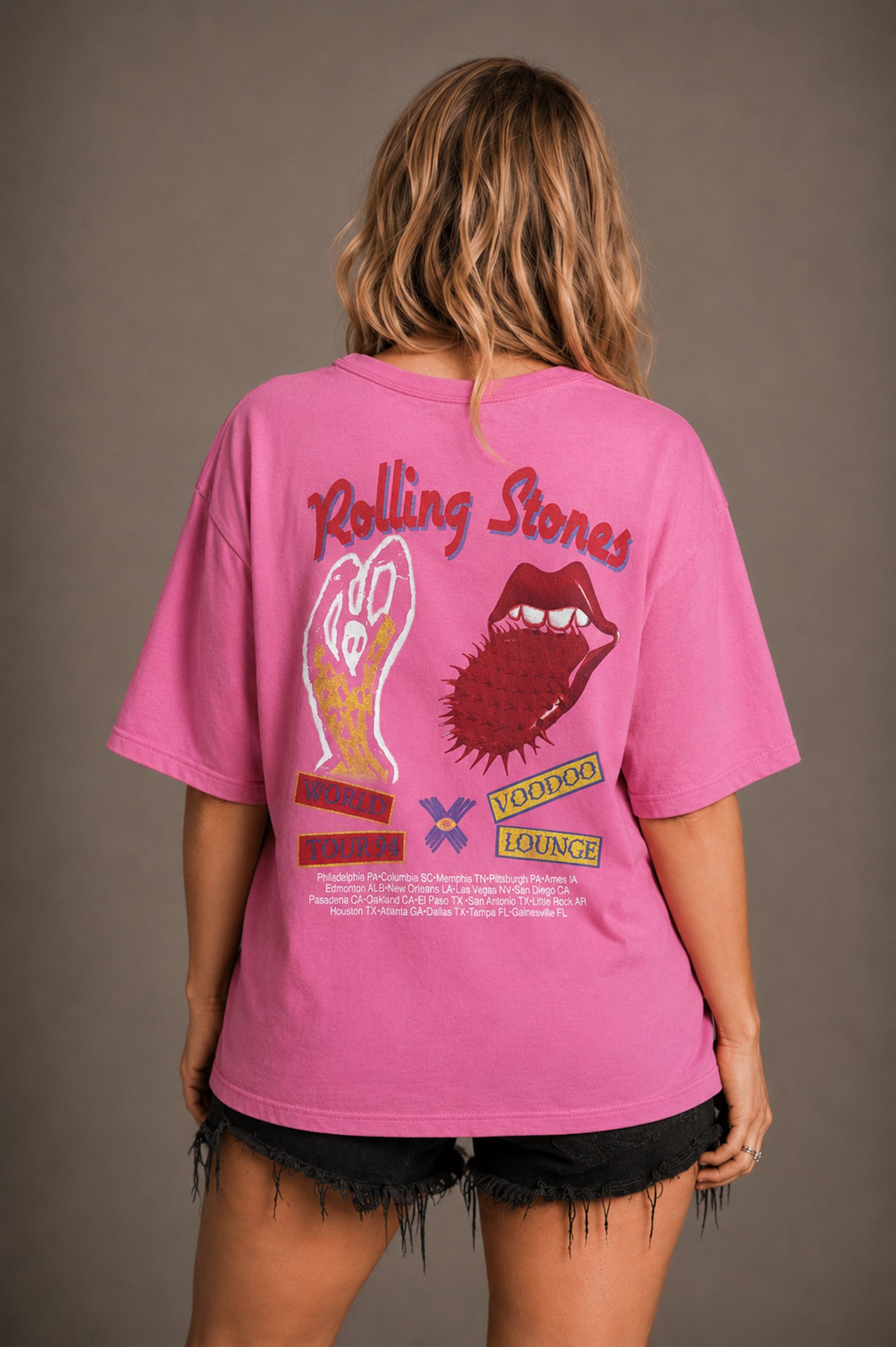 Little Lies The Rolling Stones Voodoo Lounge oversized band tee in pink with graphic tour back print