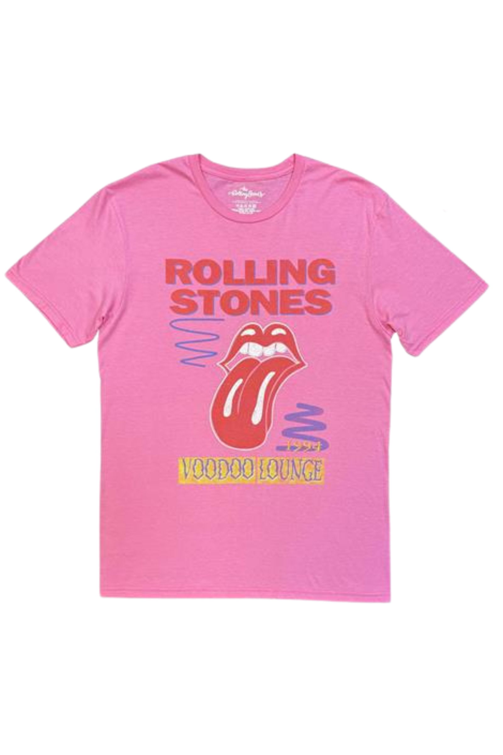 Front ghost image of Little Lies Rolling Stones Voodoo Lounge Band Tee in pink showing tongue logo and Voodoo Lounge artwork