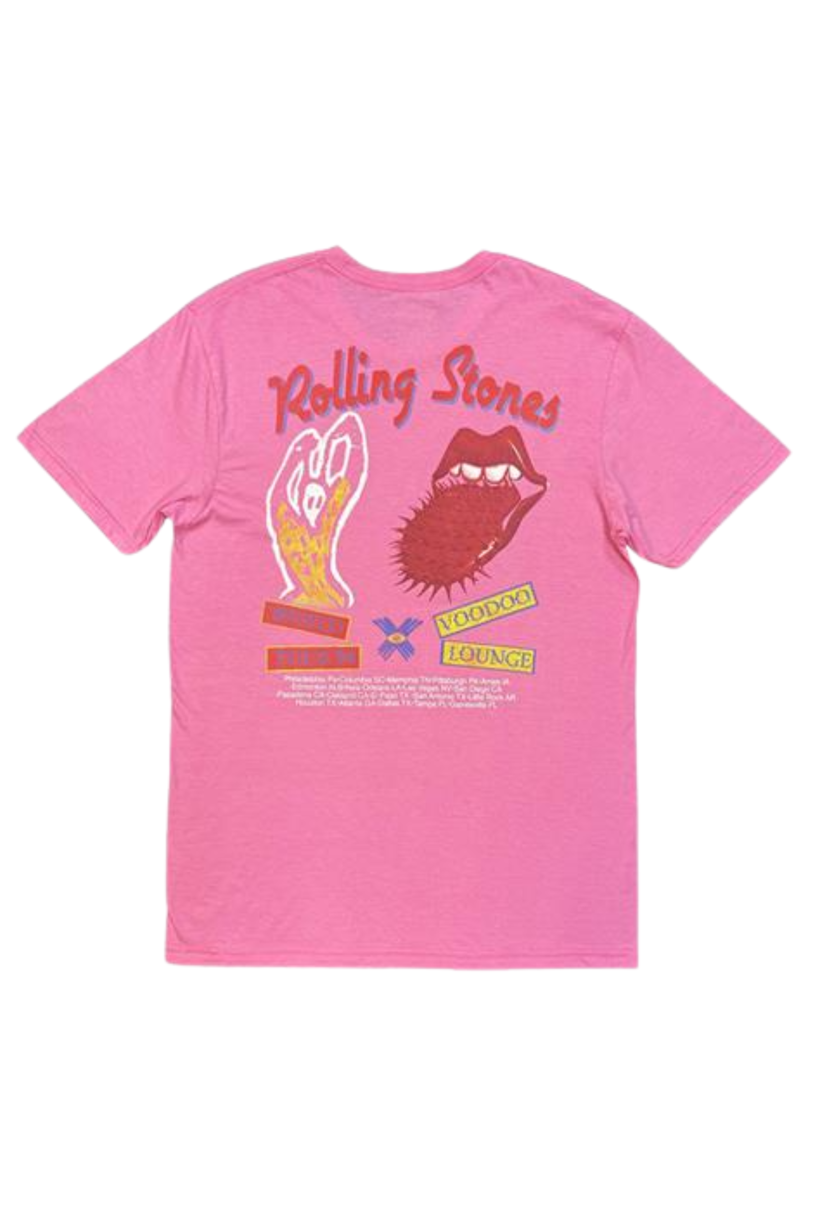 Back ghost image of Little Lies Rolling Stones Voodoo Lounge Band Tee in pink showing World Tour 94 back print