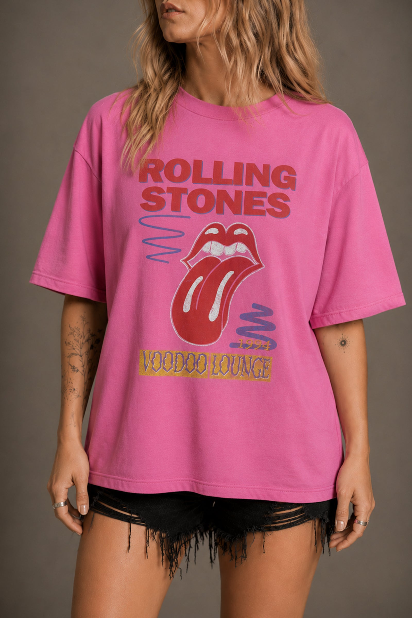 Little Lies Rolling Stones graphic t-shirt in pink featuring Voodoo Lounge print and classic tongue logo