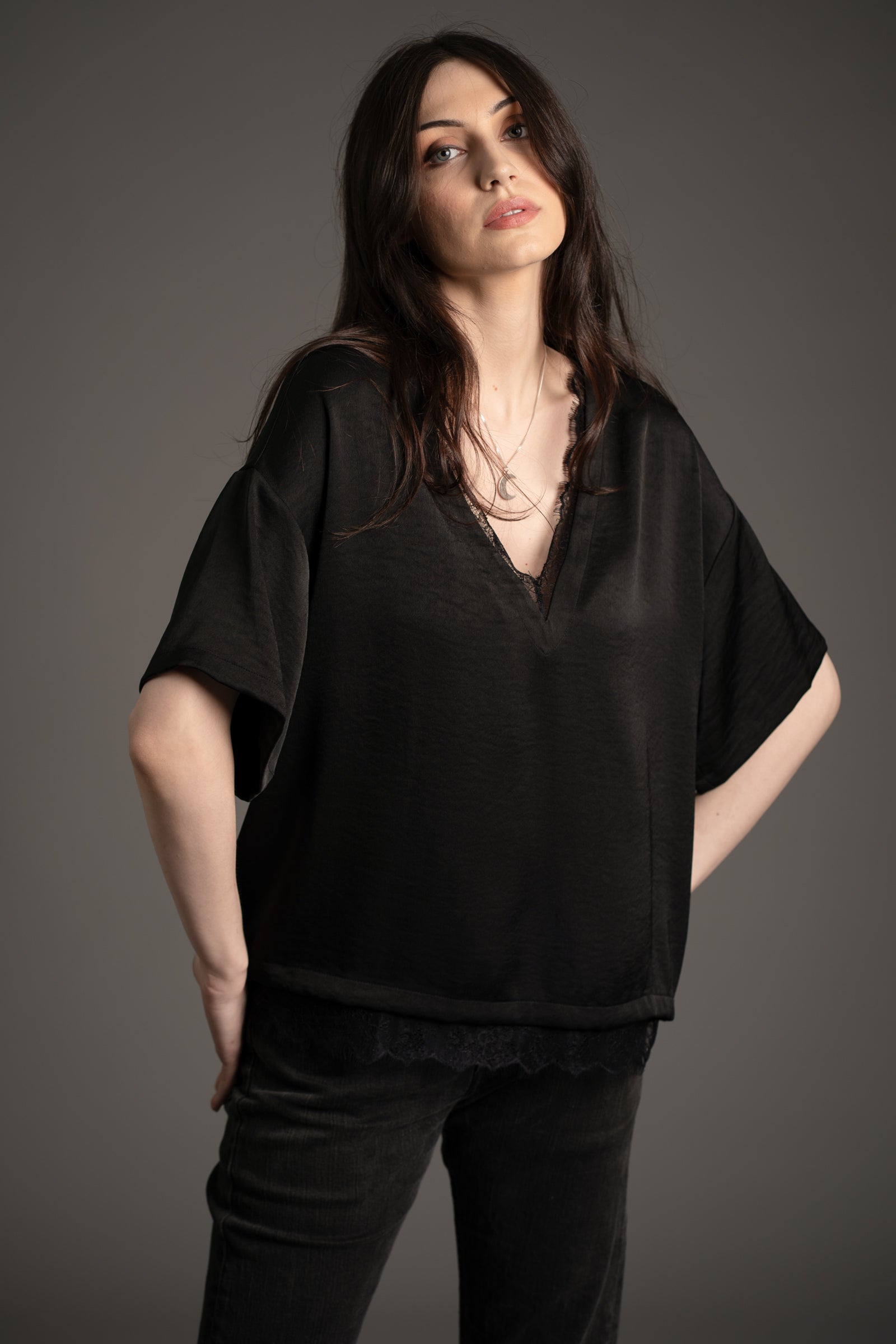 Roxy Lace Trim Black Satin Tee | Little Lies