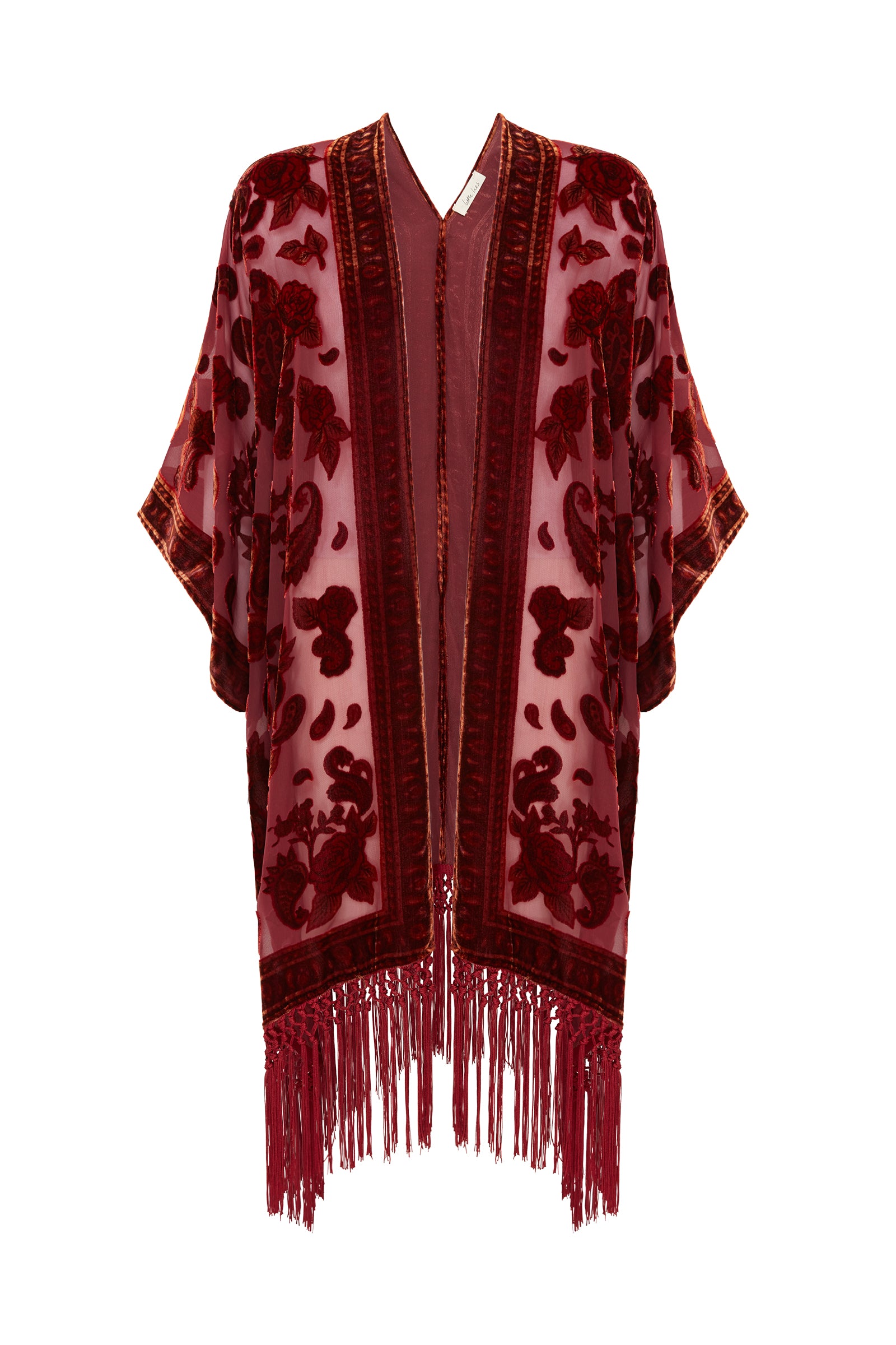Ghost image of Stevie Plum Paisley Devore Kimono, with fabric detail, open front, velvet lining and fringed hem features.