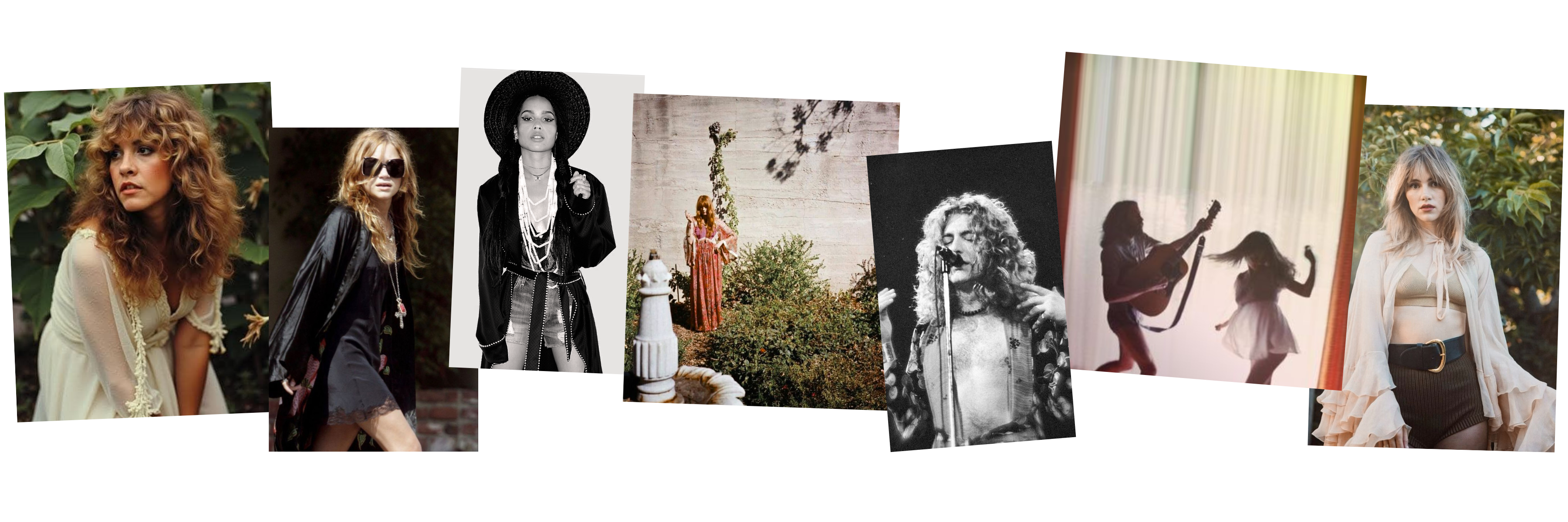 Collection inspiration collage featuring Stevie Nicks, Robert Plant, Zoe Kravitz, Suki Waterhouse, Alison Mosshart.