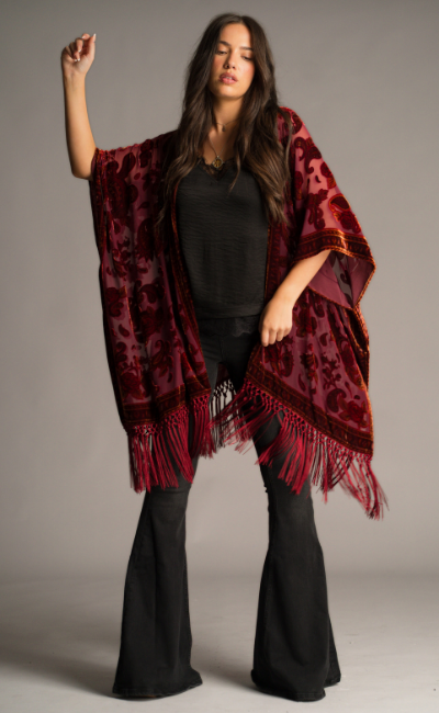 On-model: Little Lies Stevie plum kimono, on-model front view
