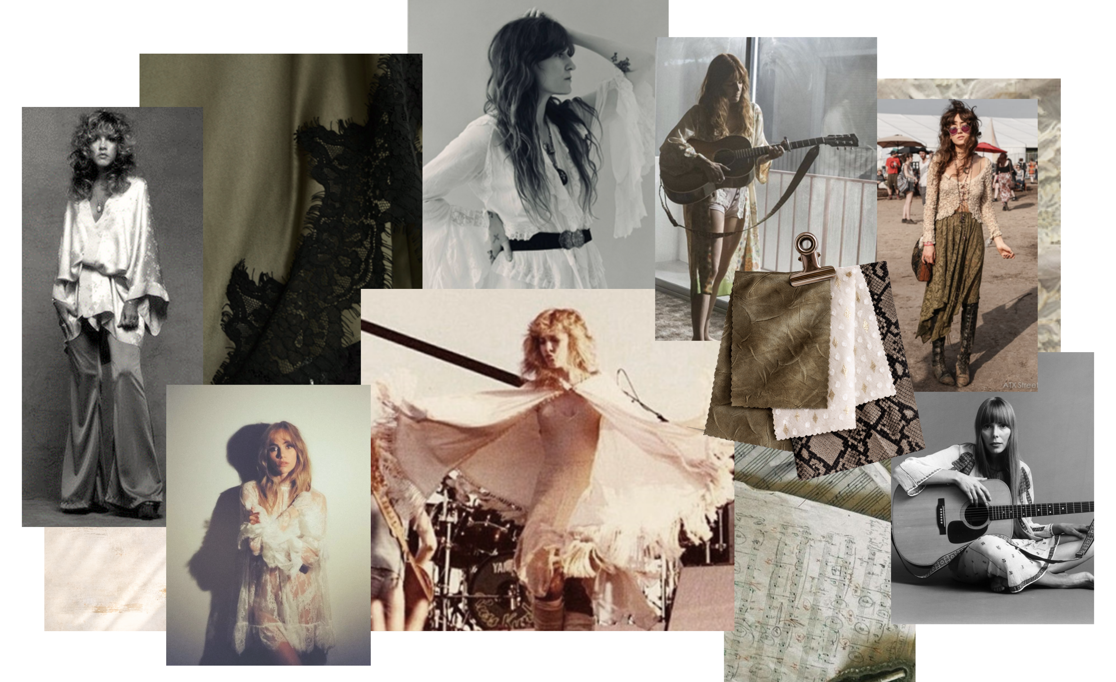 Boho‑rock inspiration board for the Little Lies Spring Collection featuring flowing chiffon silhouettes, lace details, vintage music‑festival imagery, soft neutral fabrics, and mood‑setting texture swatches.