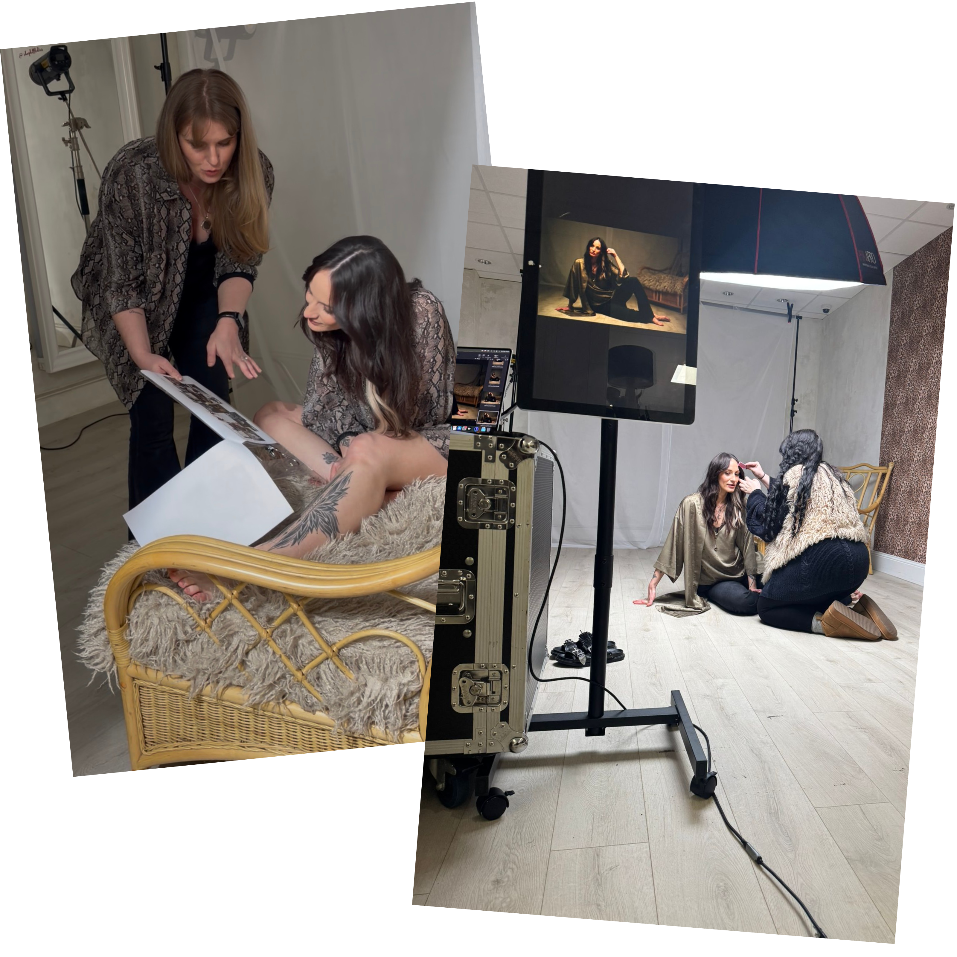 Behind‑the‑scenes styling session for Little Lies spring collection featuring Seeker Snake Mini Dress, Iris Satin Cami and Iris Satin Kimono on set.