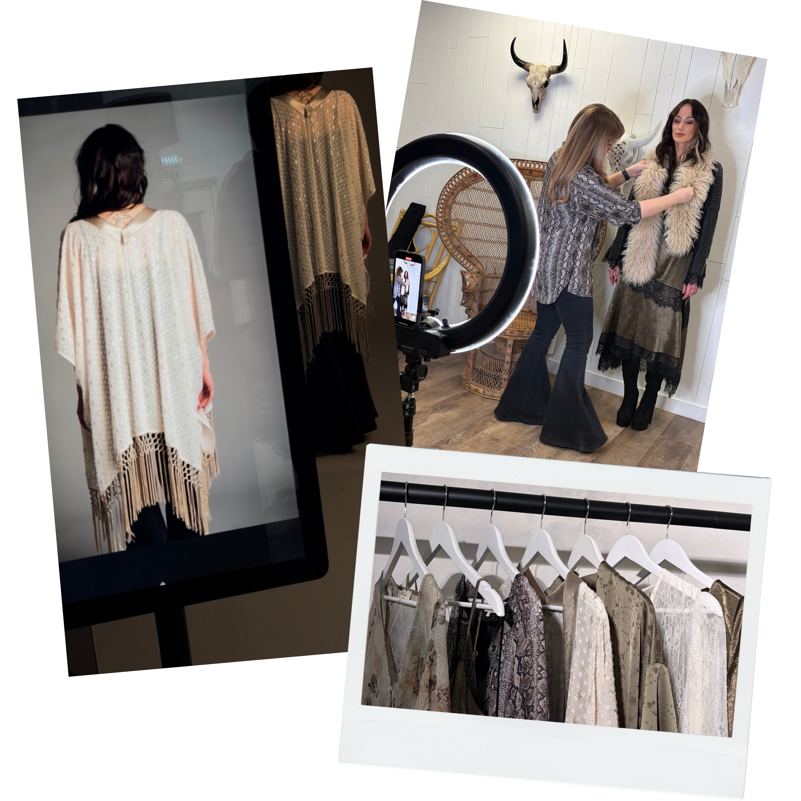 Behind‑the‑scenes styling for the Little Lies Spring Collection featuring Songbird Ivory Kimono, styling layers on Arabella Satin Maxi Dress
being adjusted on set with studio lighting equipment and garments hanging on a rail, including patterned and satin pieces .