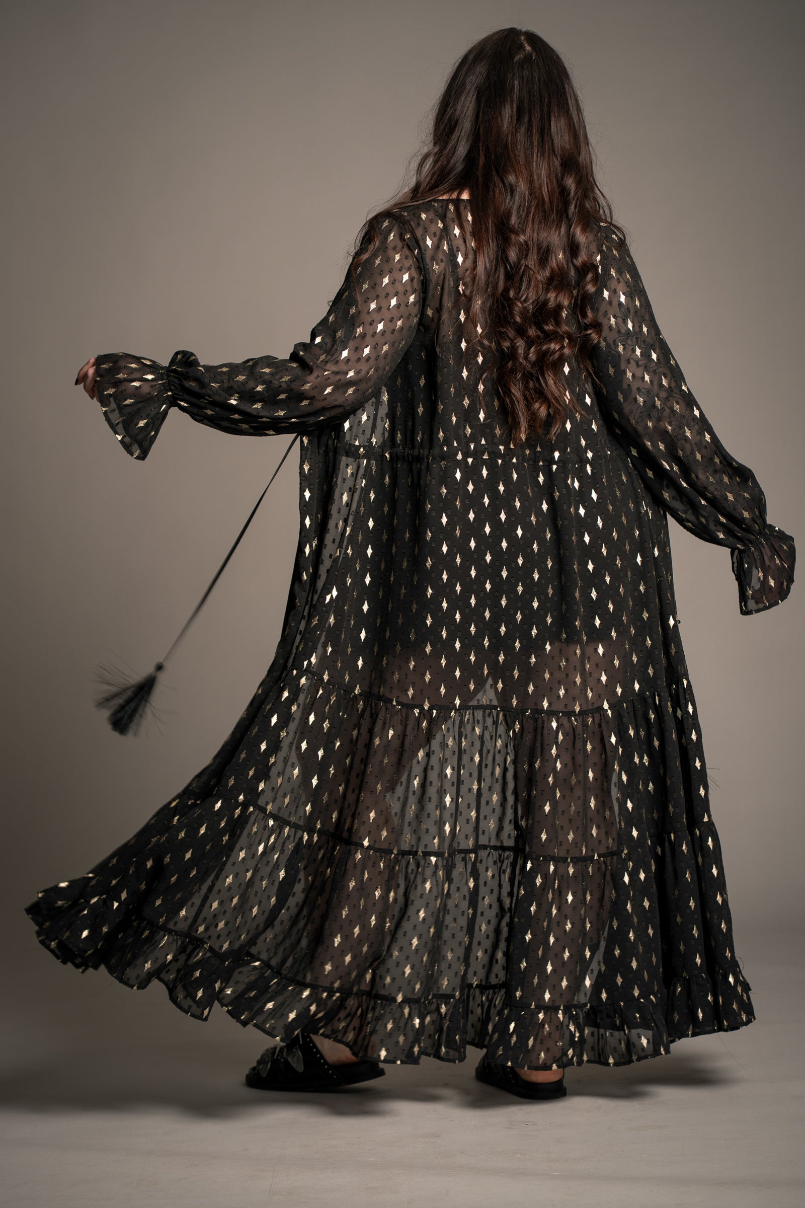 Space Oddity Metallic Kimono Maxi Dress in 70s boho style
