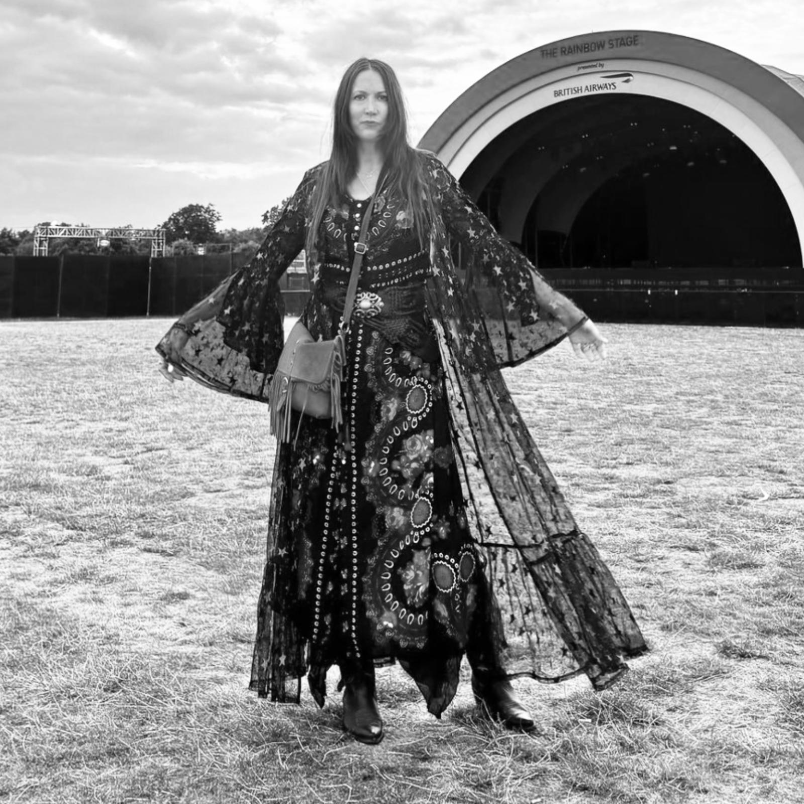 Customer wearing the boho Stairway to heaven celestial kimono at Stevie Nicks concert in Hyde Park.