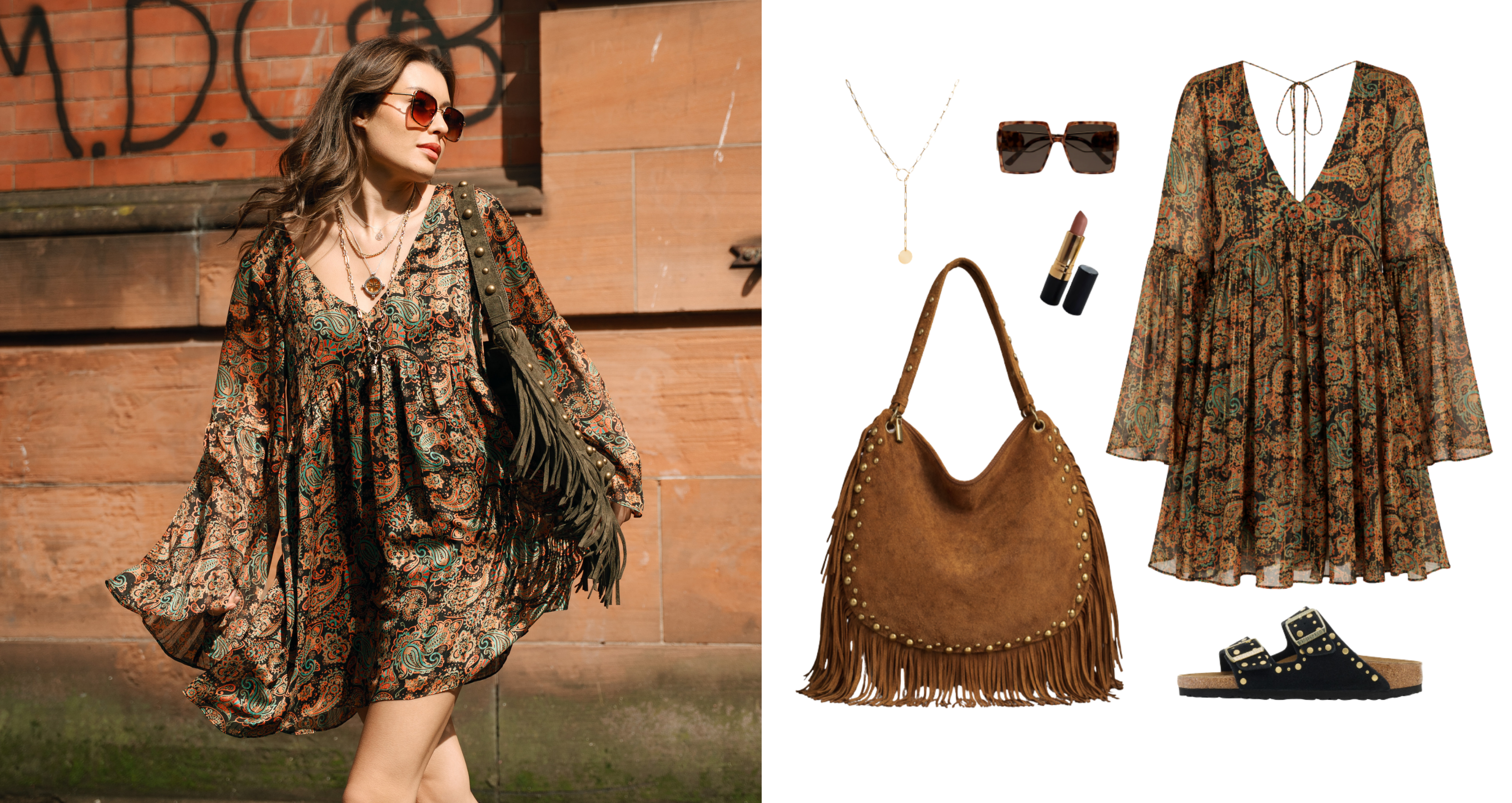 Model wearing Little Lies Ringo paisley smock dress in rust and olive tones styled with Kate chocolate suede fringe bag, statement sunglasses and layered necklaces for boho-inspired styling